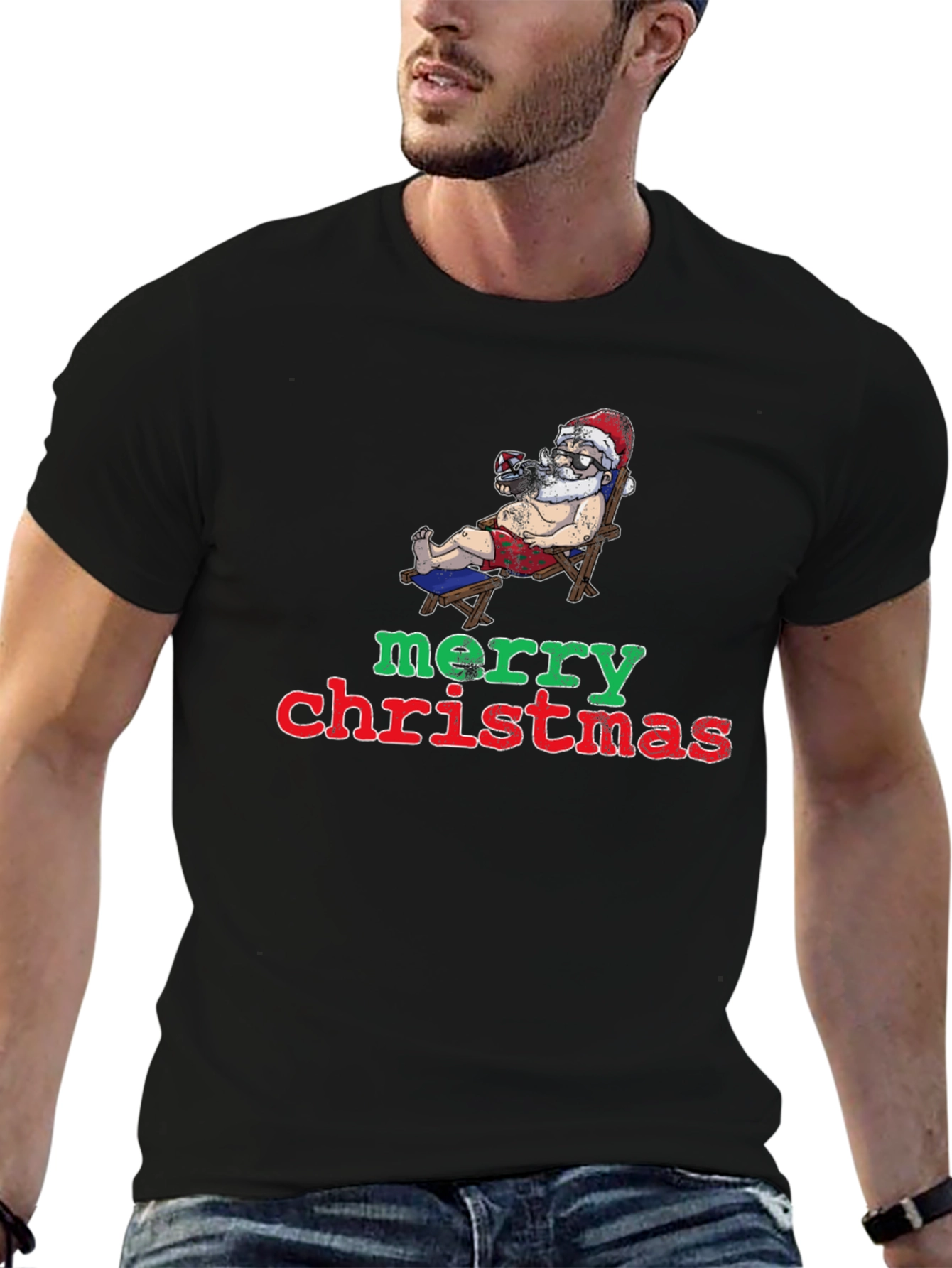 Relaxed Santa Merry Christmas Black T-Shirt