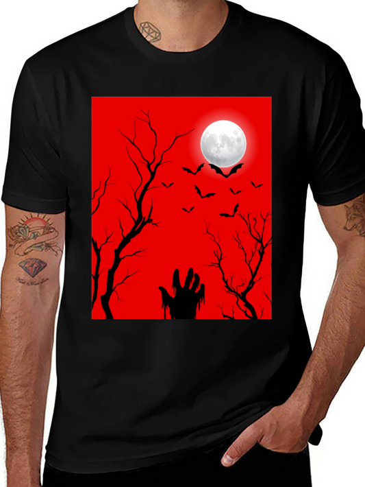 Halloween Graphic Tee: Bats Moon Zombie Hand - Black T-Shirt