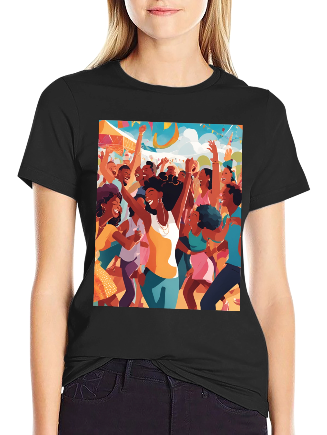 Festive Crowd Graphic Tee - Black Cotton Comfort