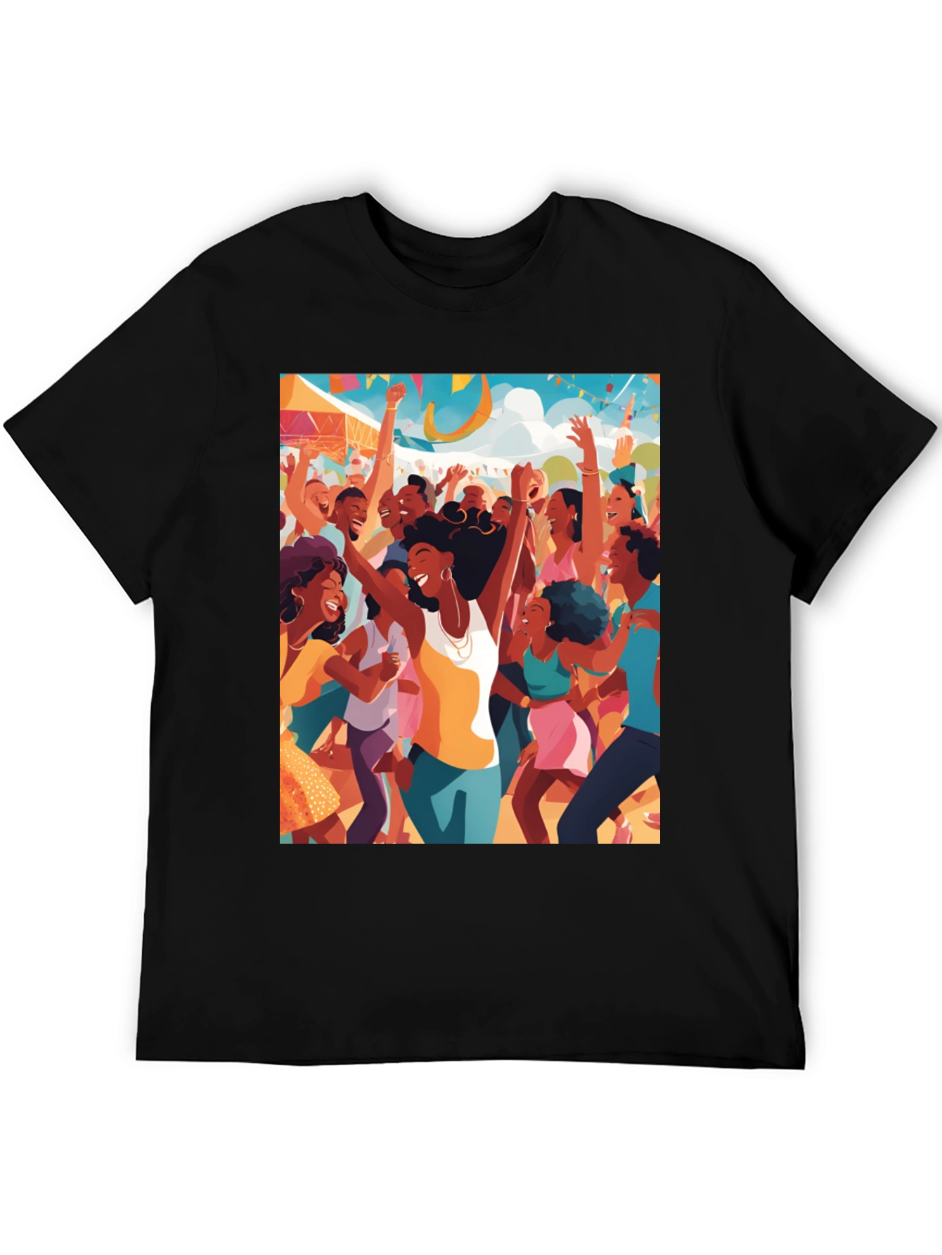 Festive Crowd Graphic Tee - Black Cotton Comfort