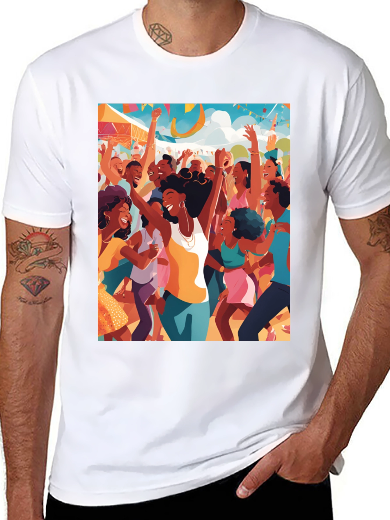 Festive Crowd Graphic Tee - Black Cotton Comfort