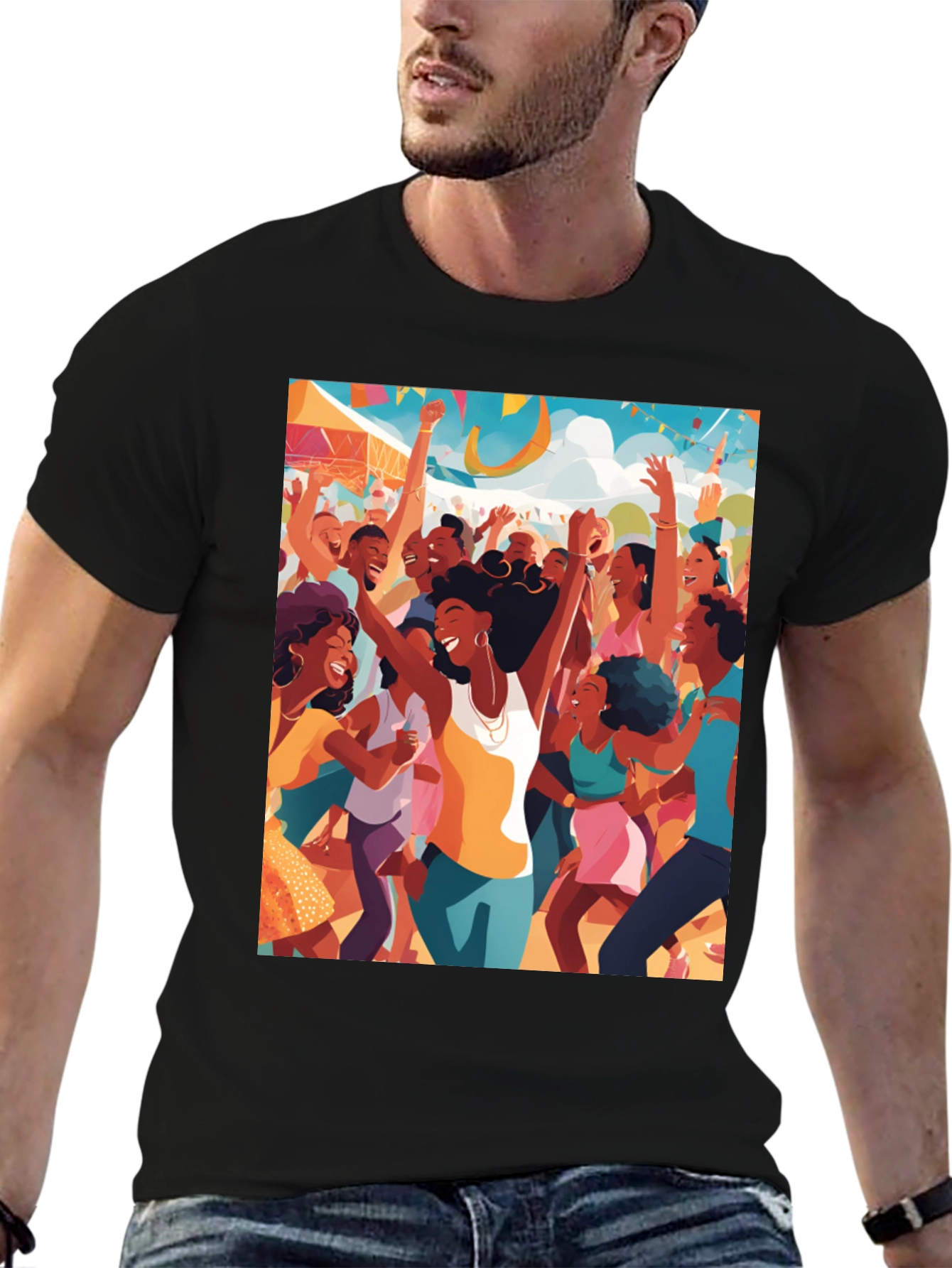 Festive Crowd Graphic Tee - Black Cotton Comfort