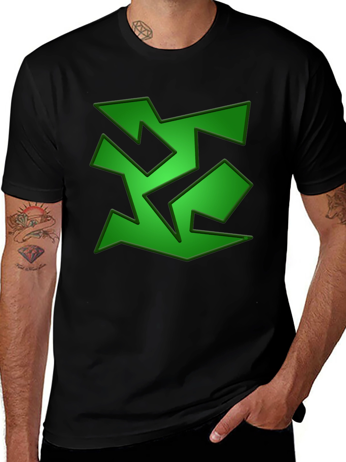 Abstract Green Graphic Print Black T-Shirt