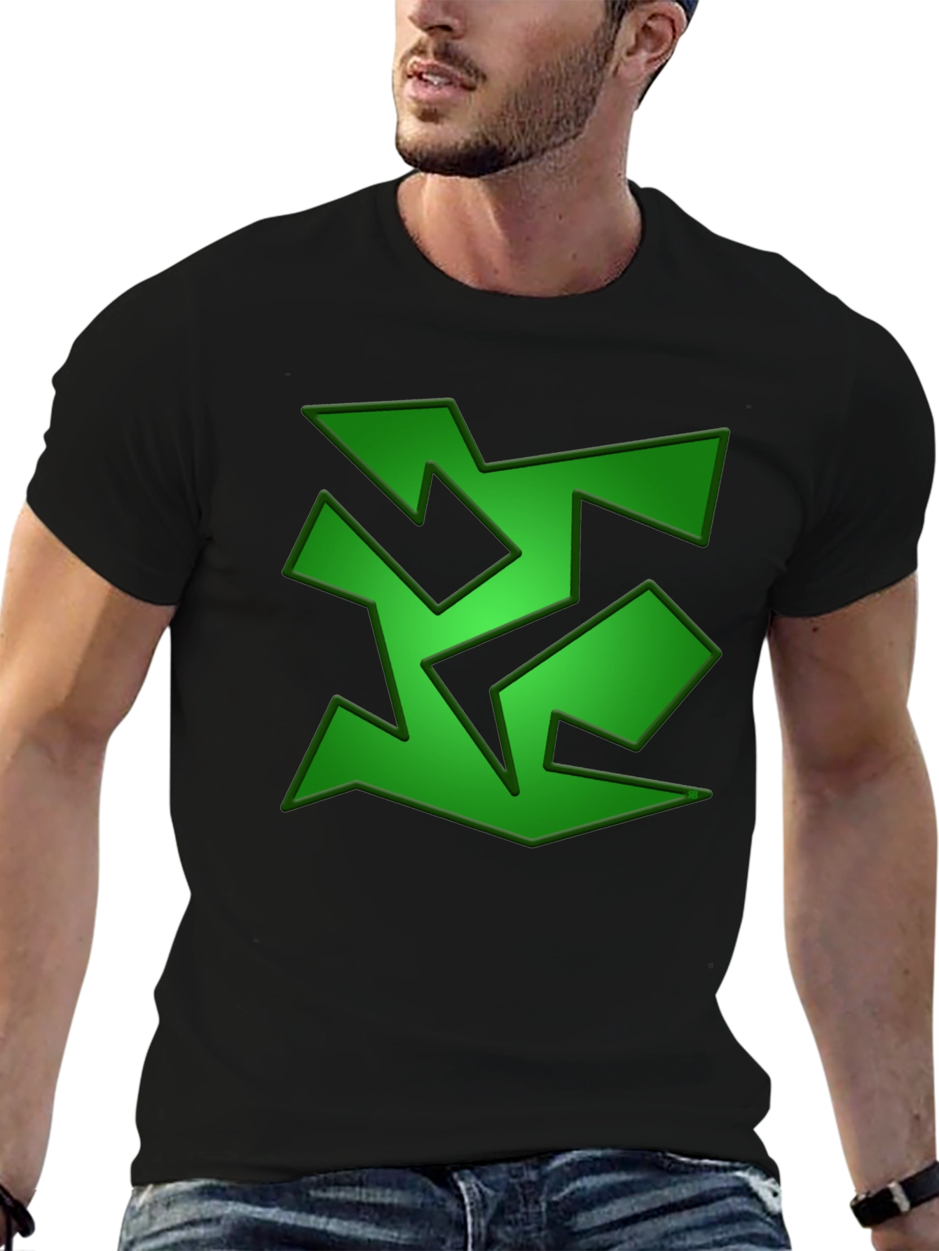 Abstract Green Graphic Print Black T-Shirt