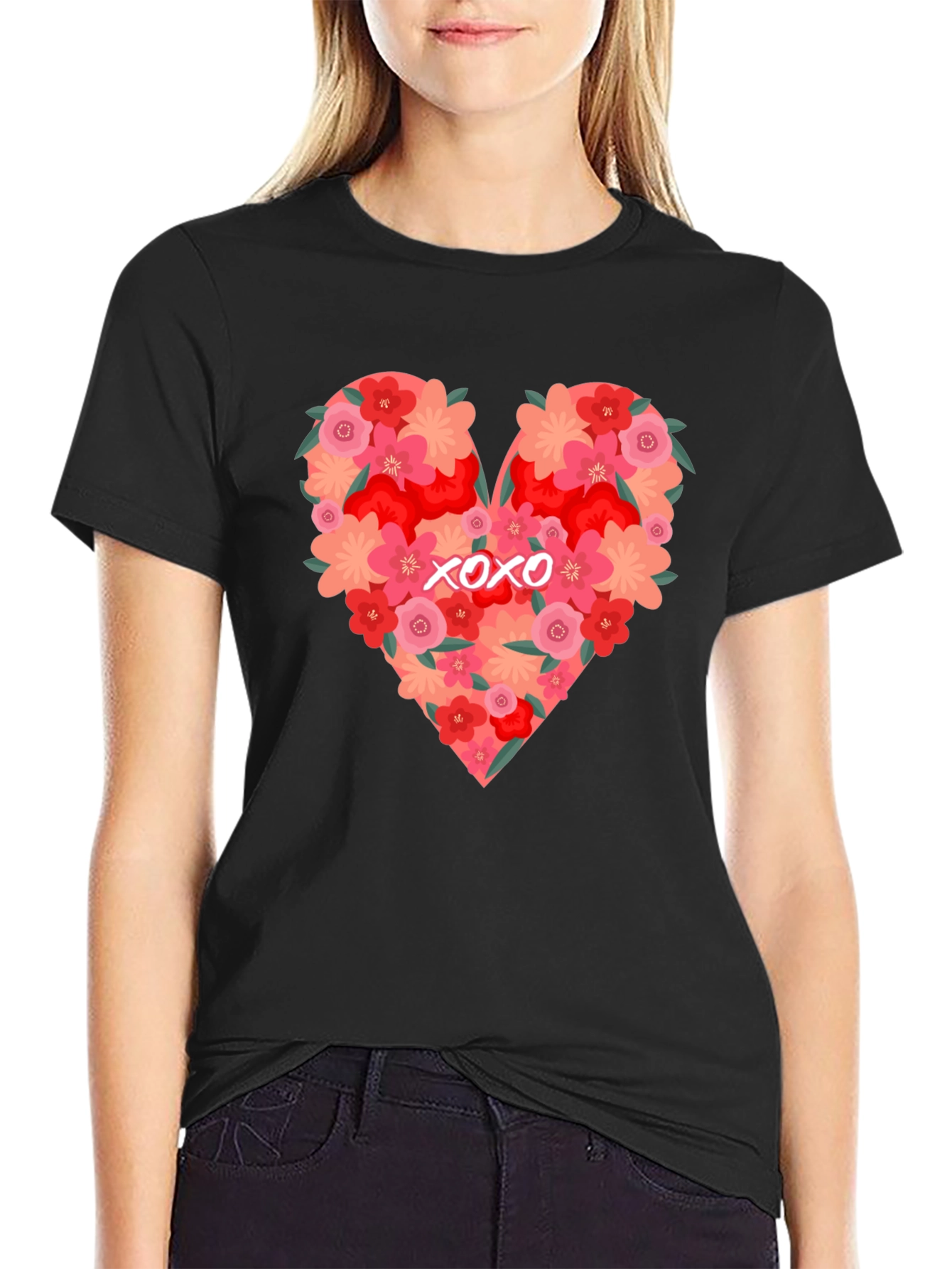 Floral Heart XOXO Graphic Tee - Black