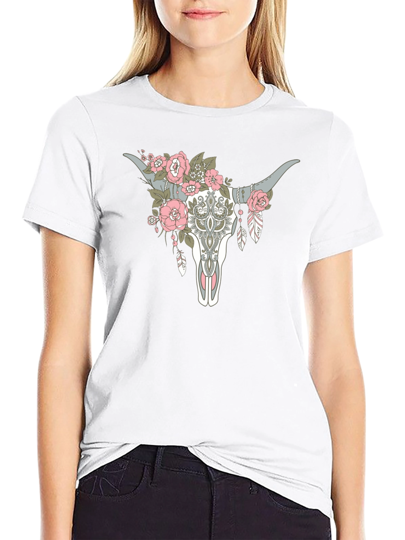 Floral Steer Skull Graphic Tee - Black