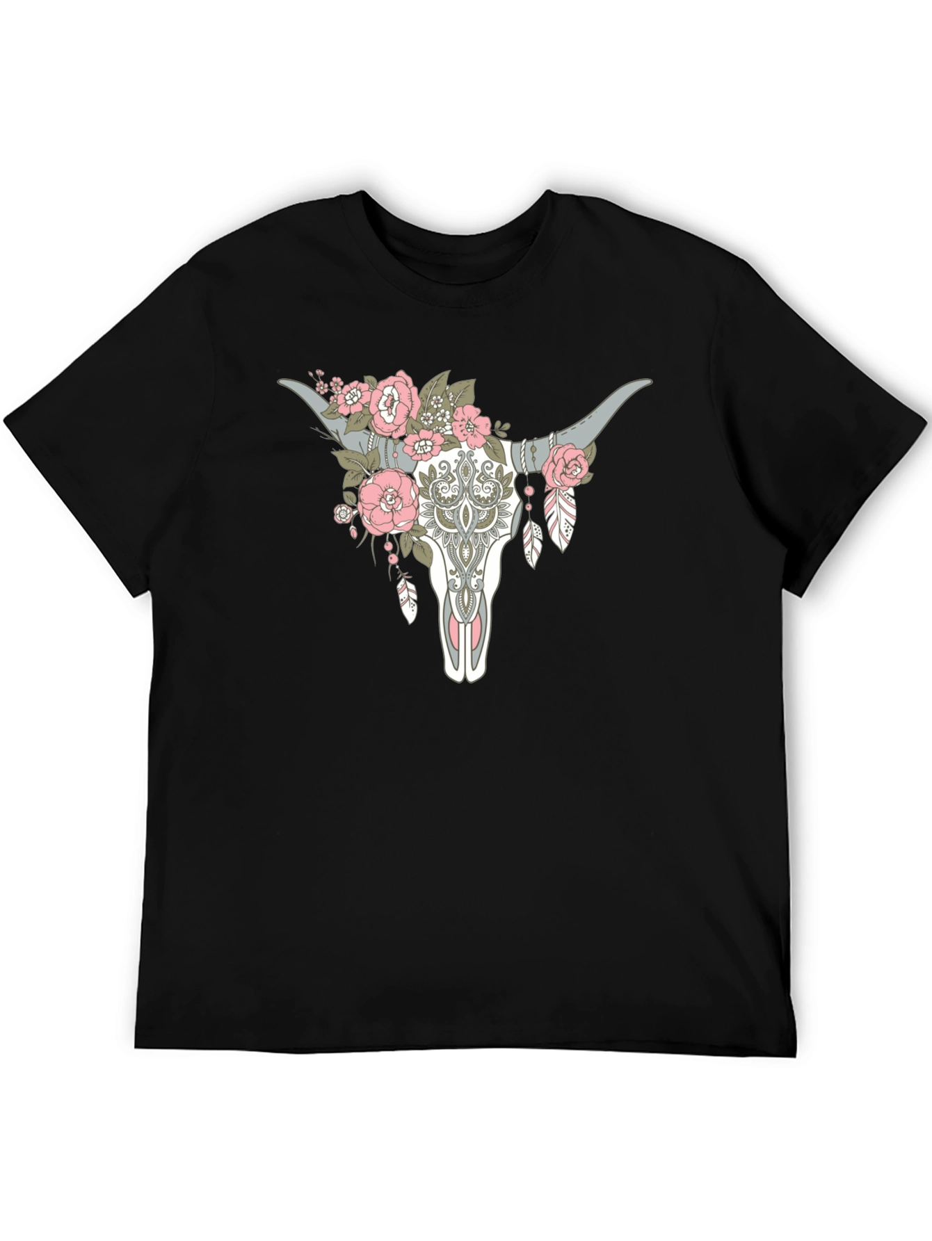 Floral Steer Skull Graphic Tee - Black