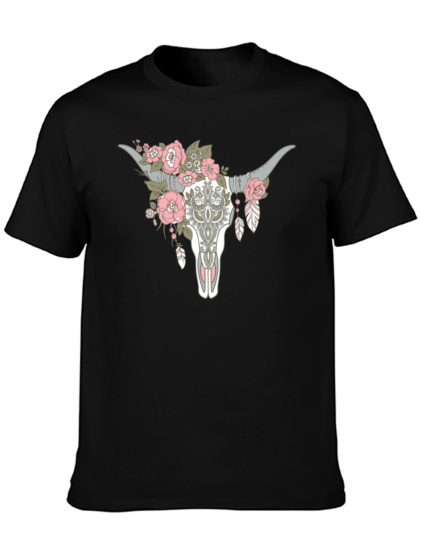 Floral Steer Skull Graphic Tee - Black