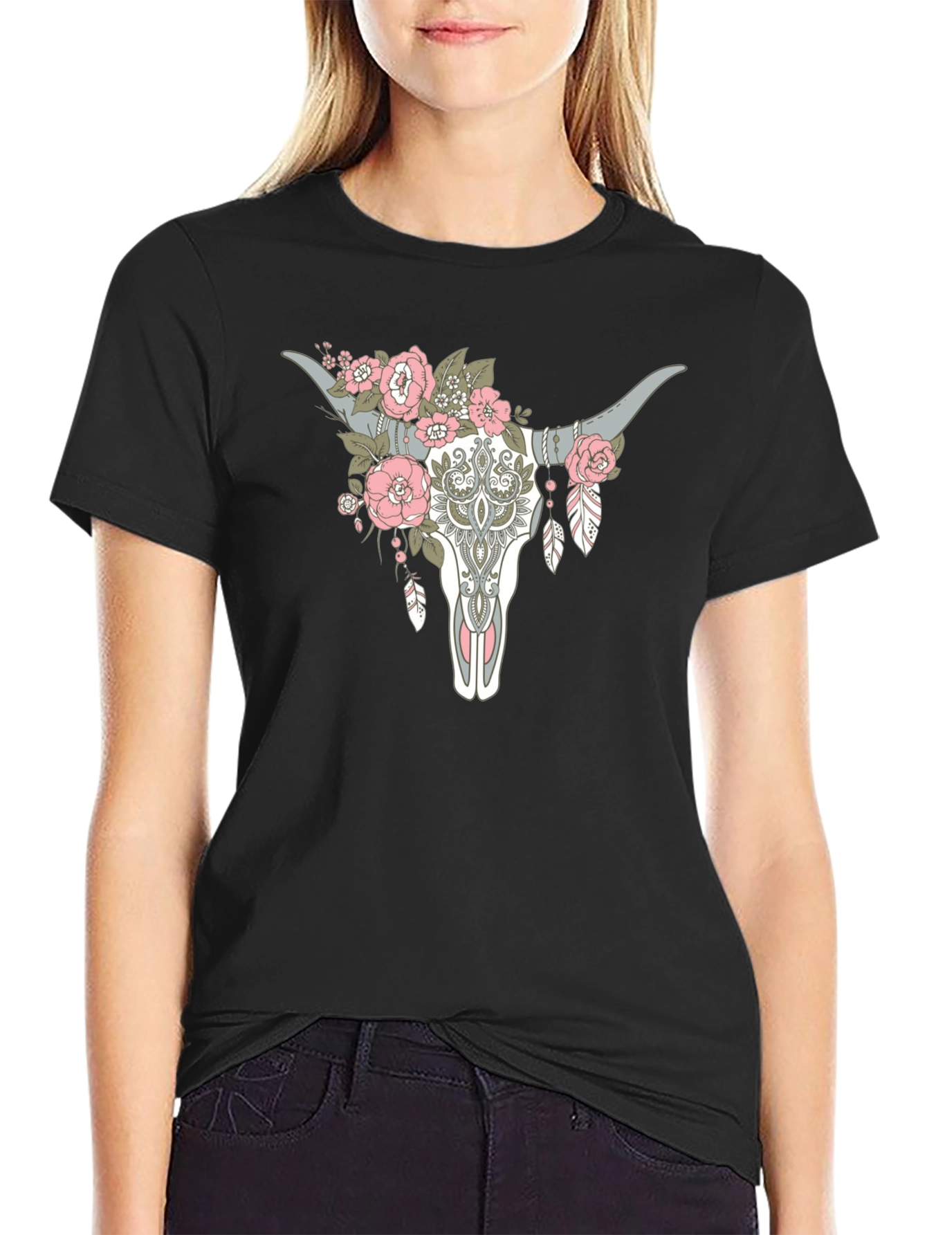 Floral Steer Skull Graphic Tee - Black