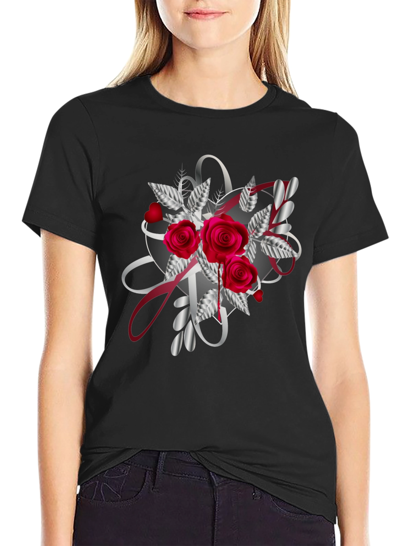 Romantic Rose Heart Graphic T-Shirt