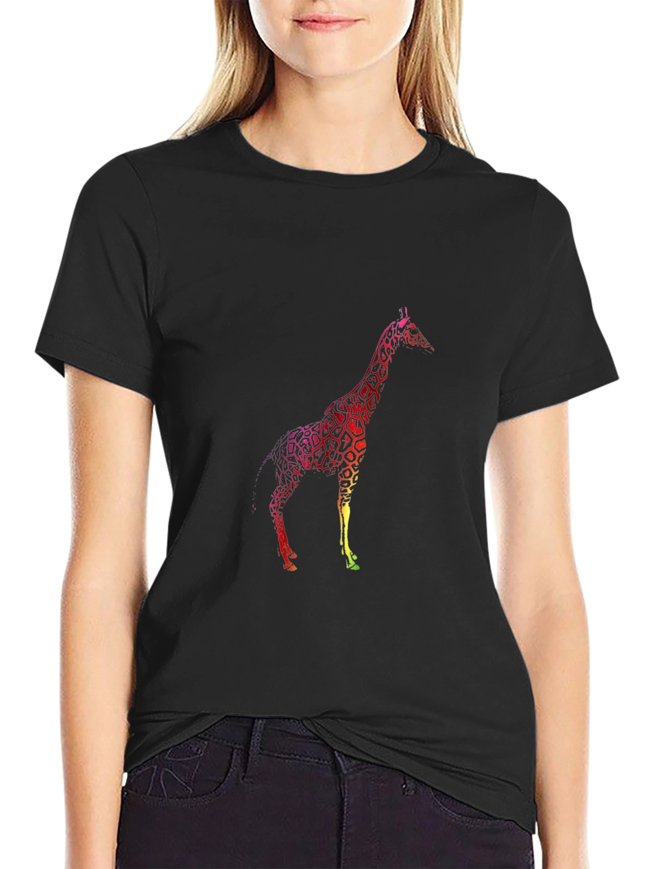 Giraffe Graphic Tee - Black Cotton Casual T-Shirt