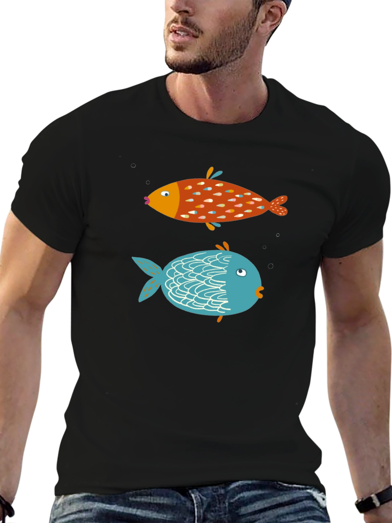 Fun Fish Graphic Tee - Black Cotton T-Shirt