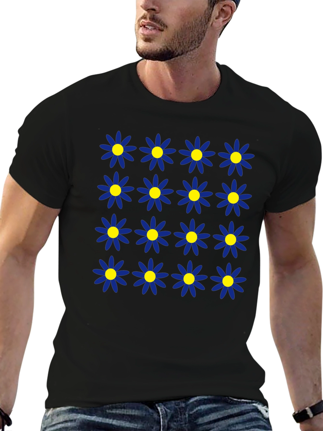 Daisy Pattern Black T-Shirt