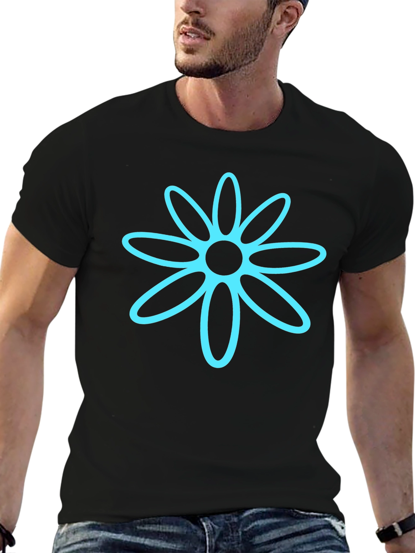 Black T-Shirt with Cyan Flower Graphic