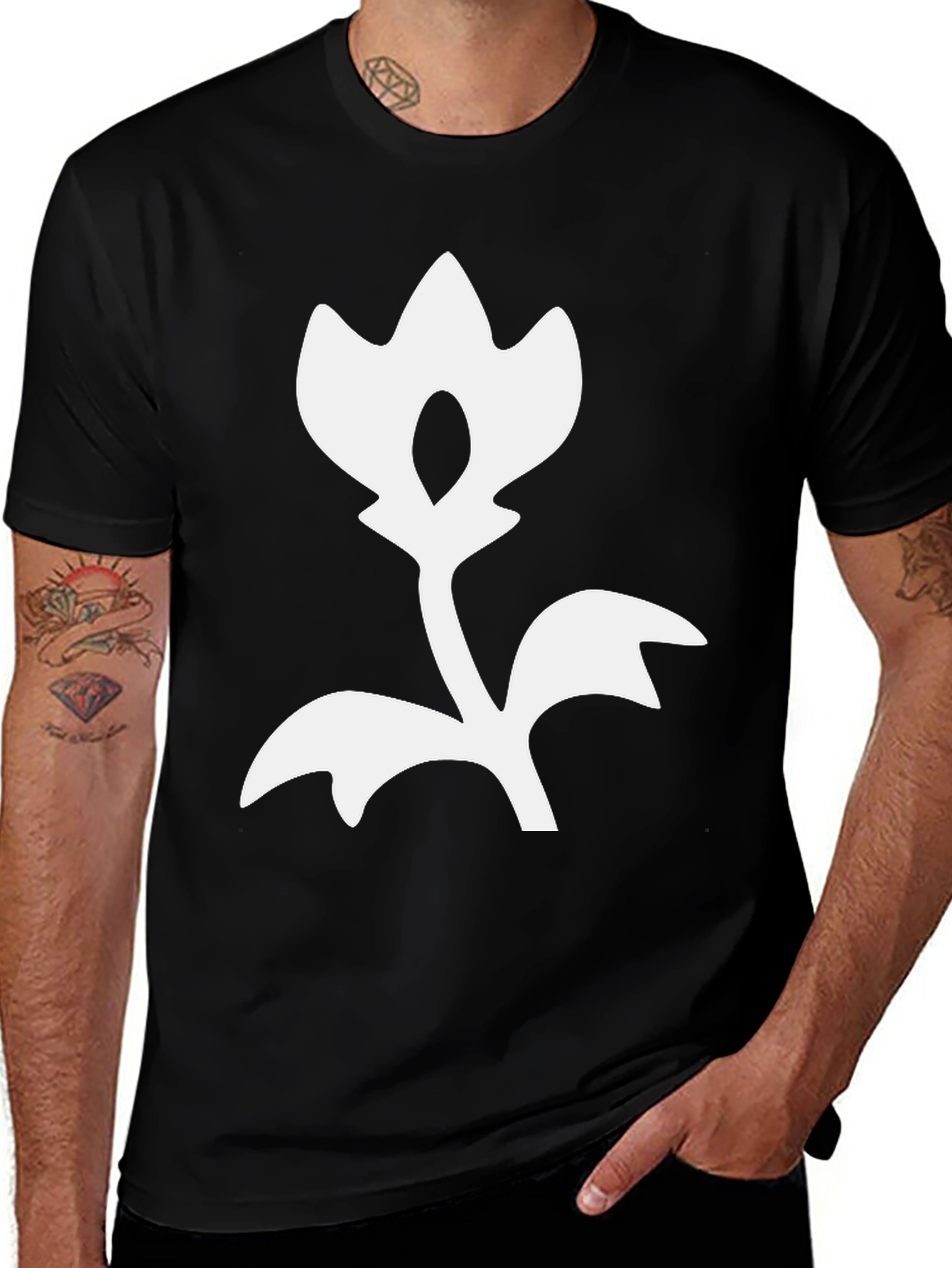 Black T-Shirt with White Flower Design
