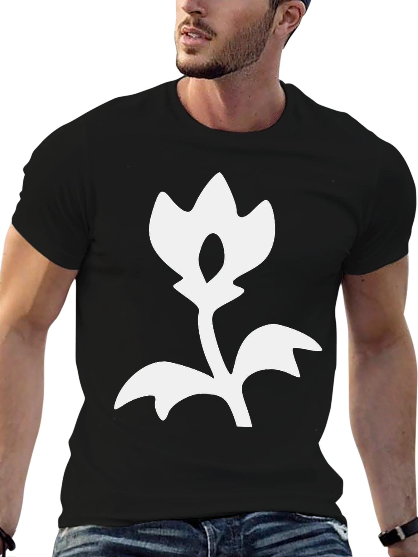 Black T-Shirt with White Flower Design