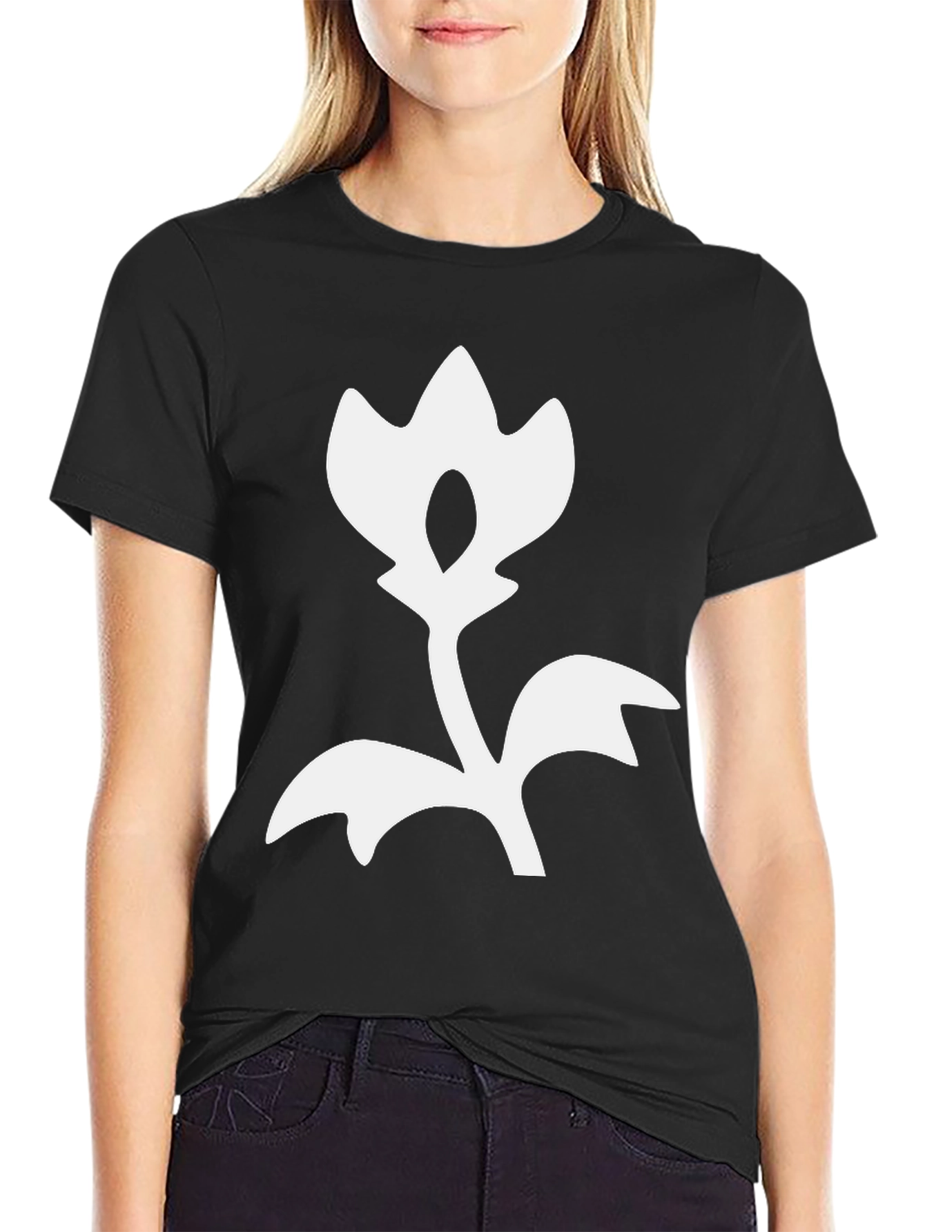 Black T-Shirt with White Flower Design