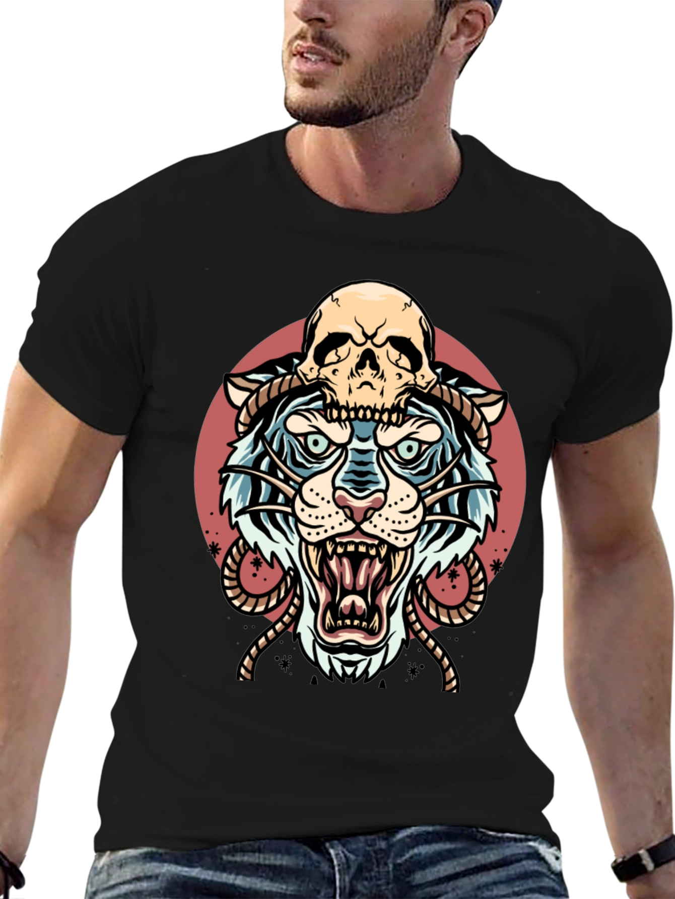 Tiger Skull Graphic Tee - Black Cotton Blend
