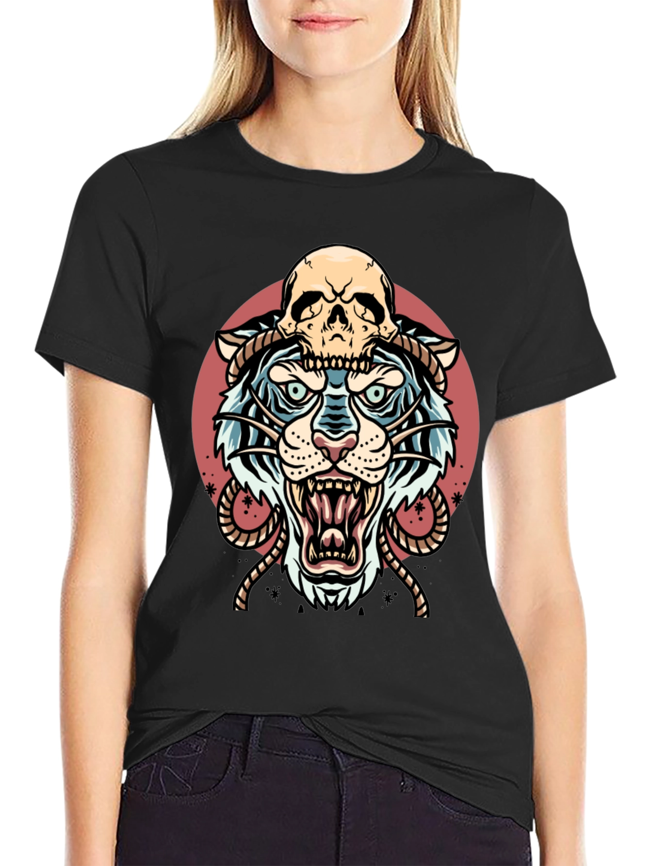 Tiger Skull Graphic Tee - Black Cotton Blend