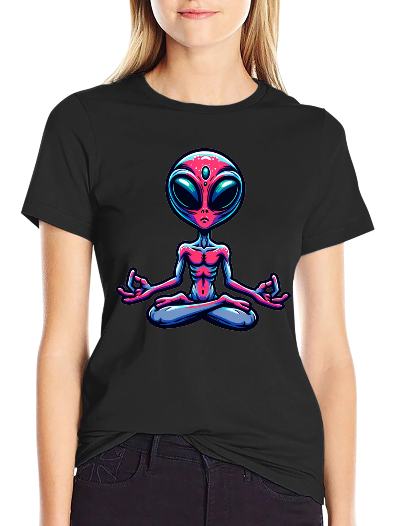Meditating Alien Graphic Tee - Cosmic Comfort