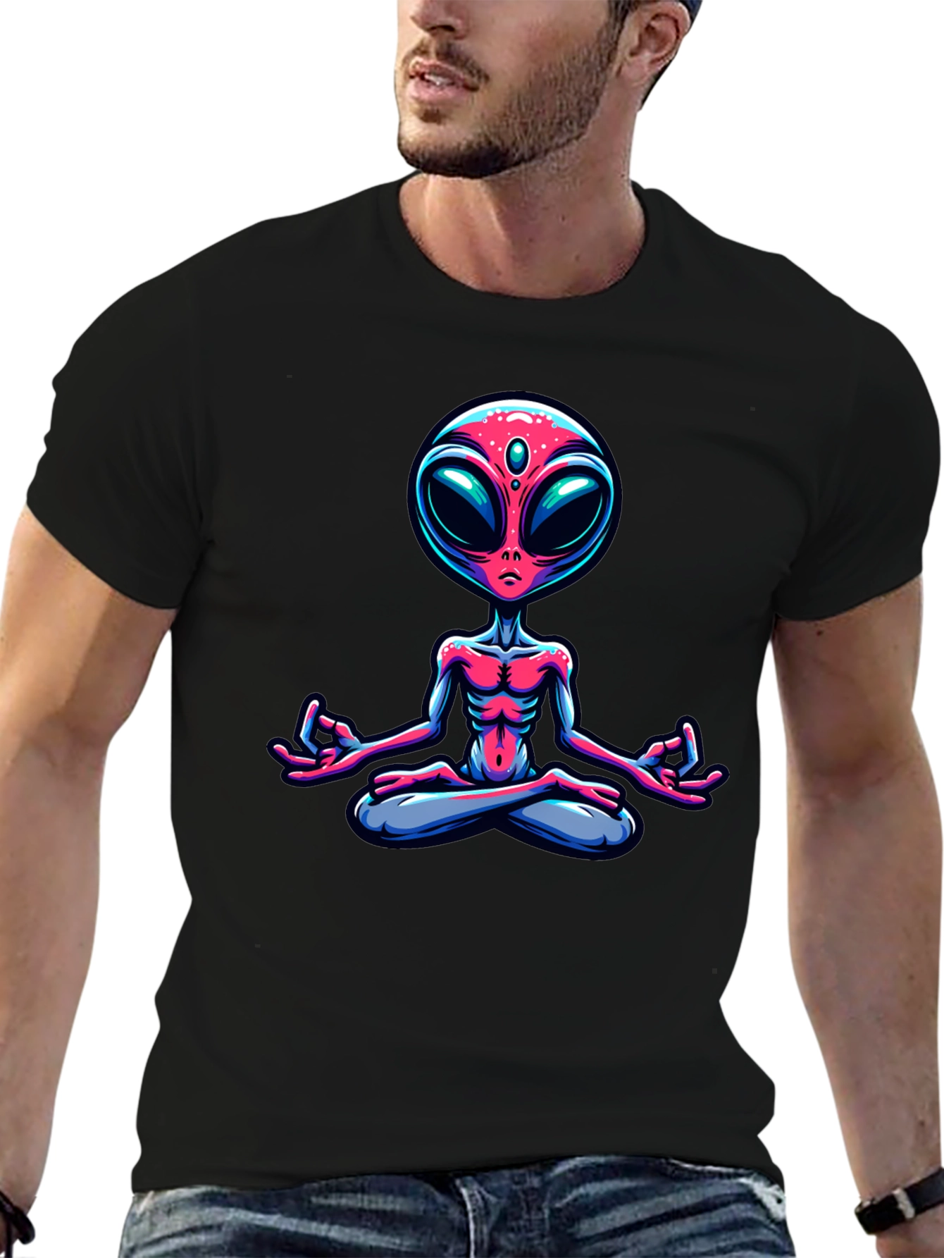 Meditating Alien Graphic Tee - Cosmic Comfort