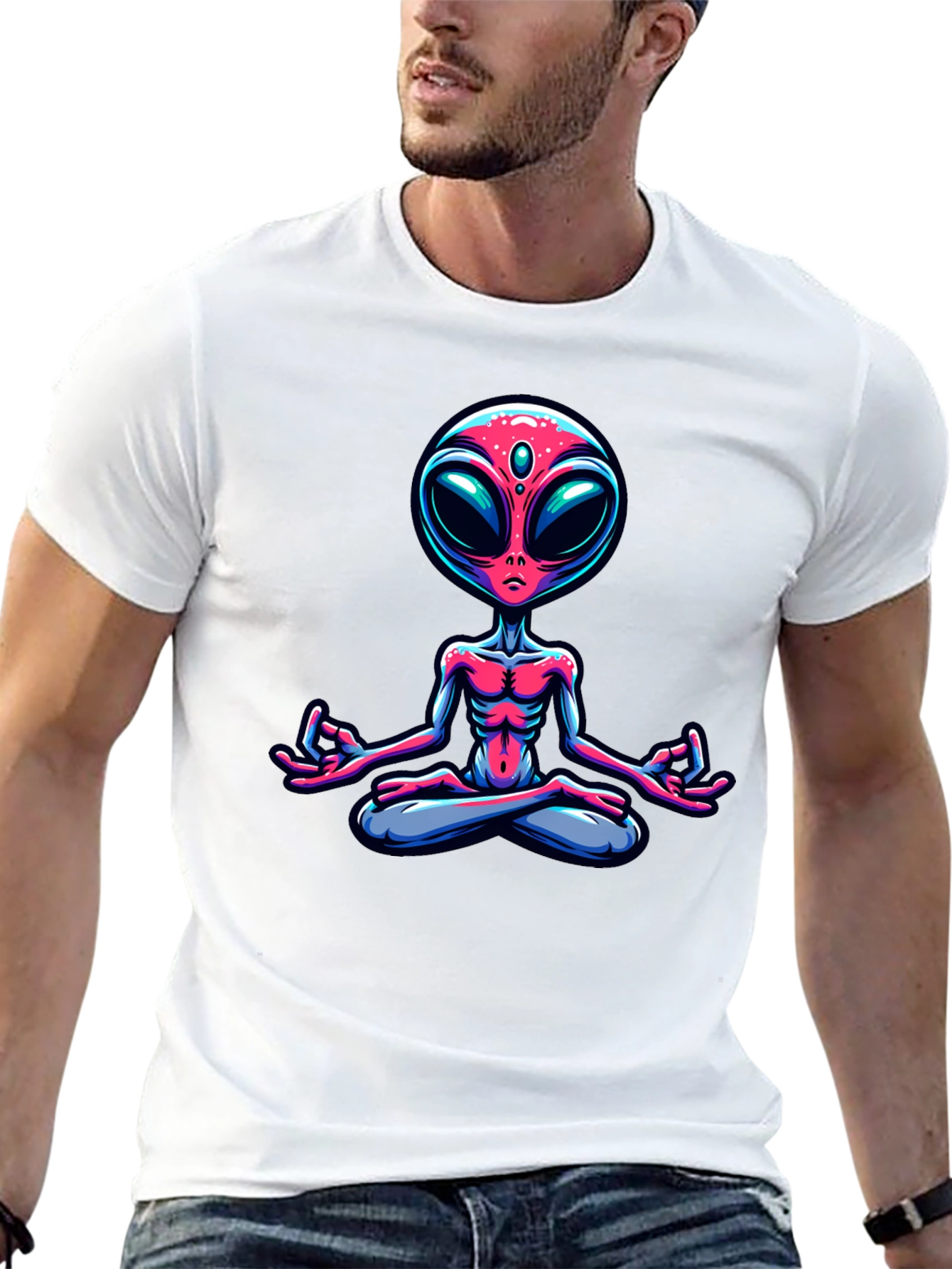 Meditating Alien Graphic Tee - Cosmic Comfort