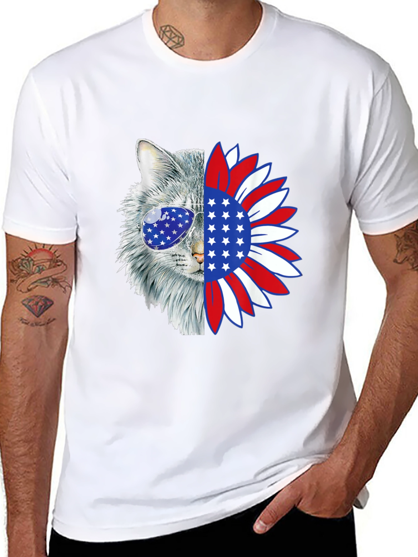 Patriotic Cat Sunflower Graphic T-Shirt