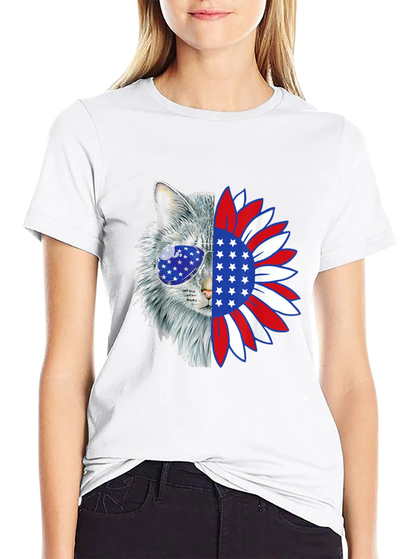 Patriotic Cat Sunflower Graphic T-Shirt
