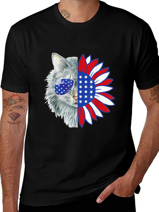 Patriotic Cat Sunflower Graphic T-Shirt