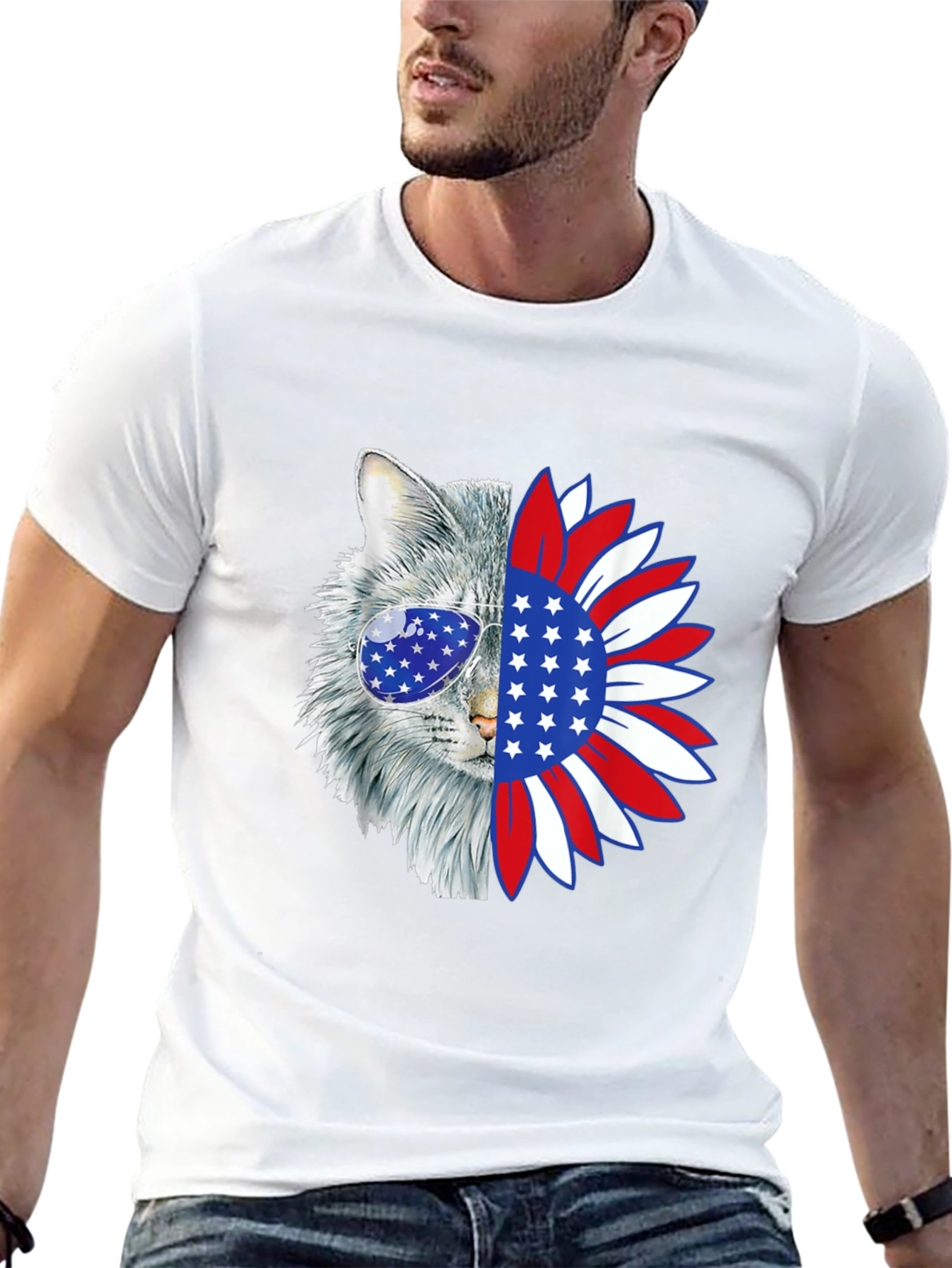 Patriotic Cat Sunflower Graphic T-Shirt