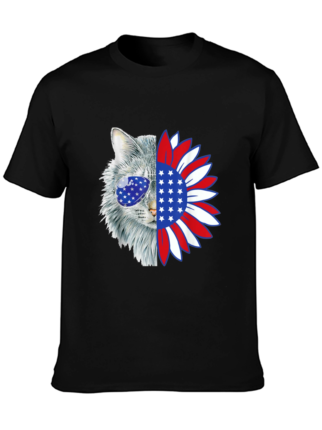 Patriotic Cat Sunflower Graphic T-Shirt