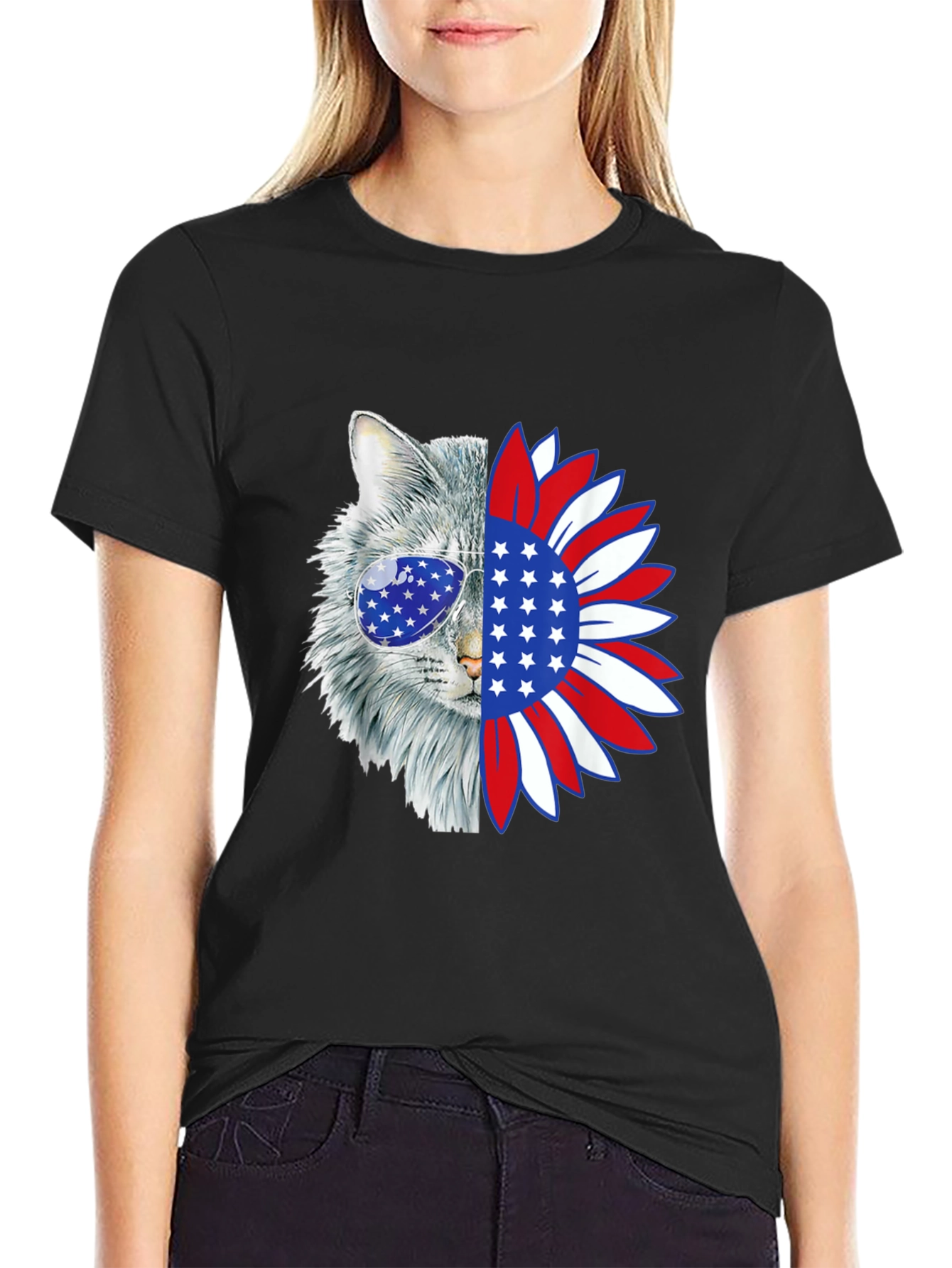 Patriotic Cat Sunflower Graphic T-Shirt