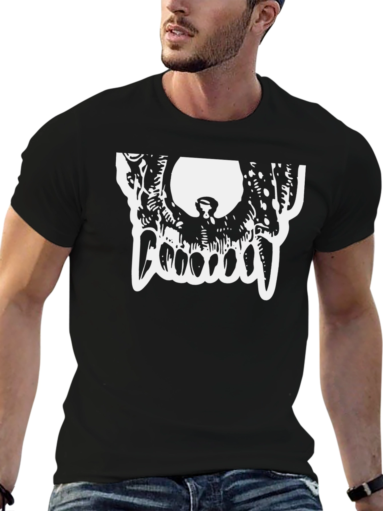 Black T-Shirt with Monstrous Jaws Graphic