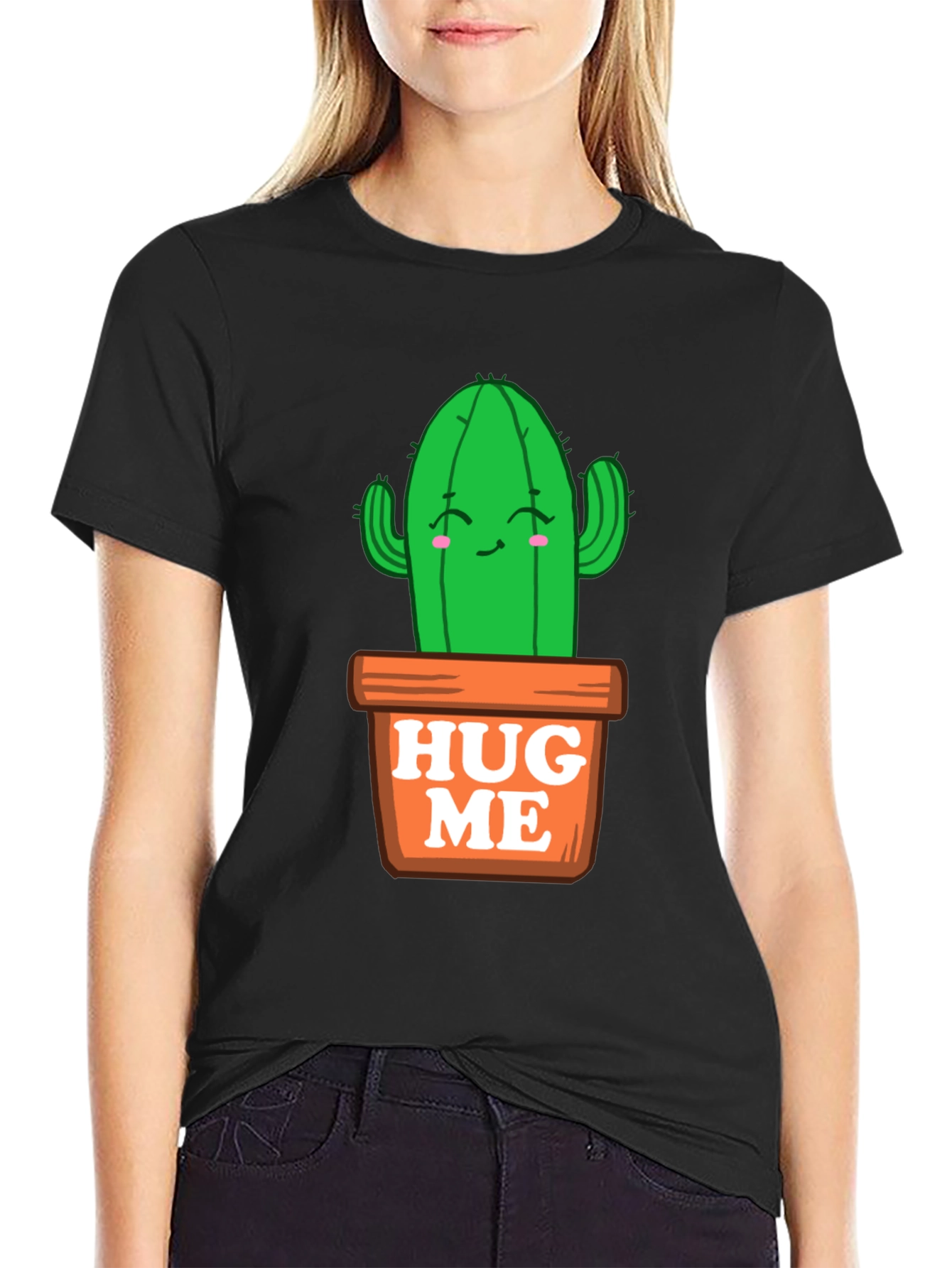 Cute Cactus Hug Me T-Shirt - Black
