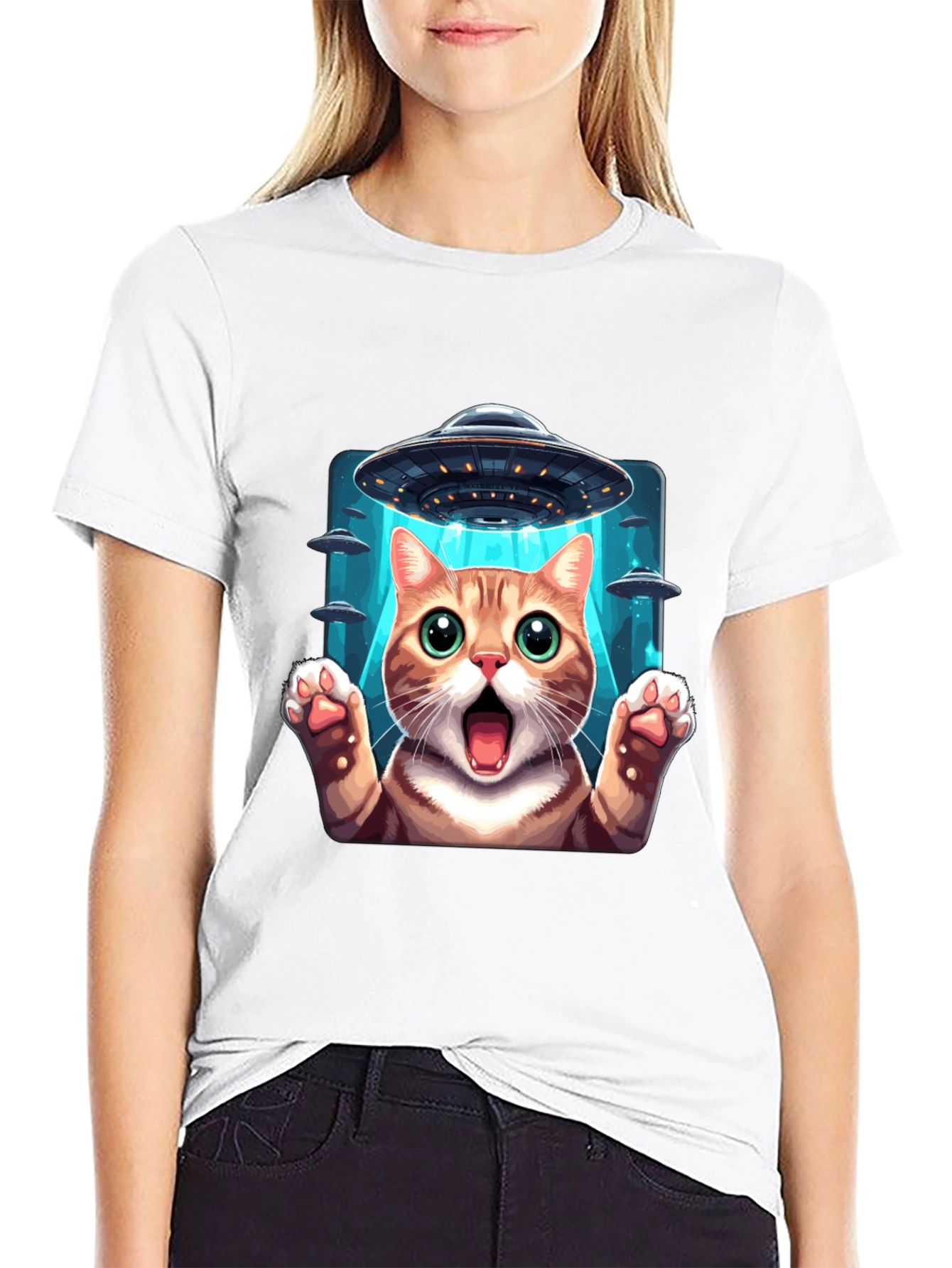UFO Cat Graphic Tee - Funny Alien Abduction T-Shirt