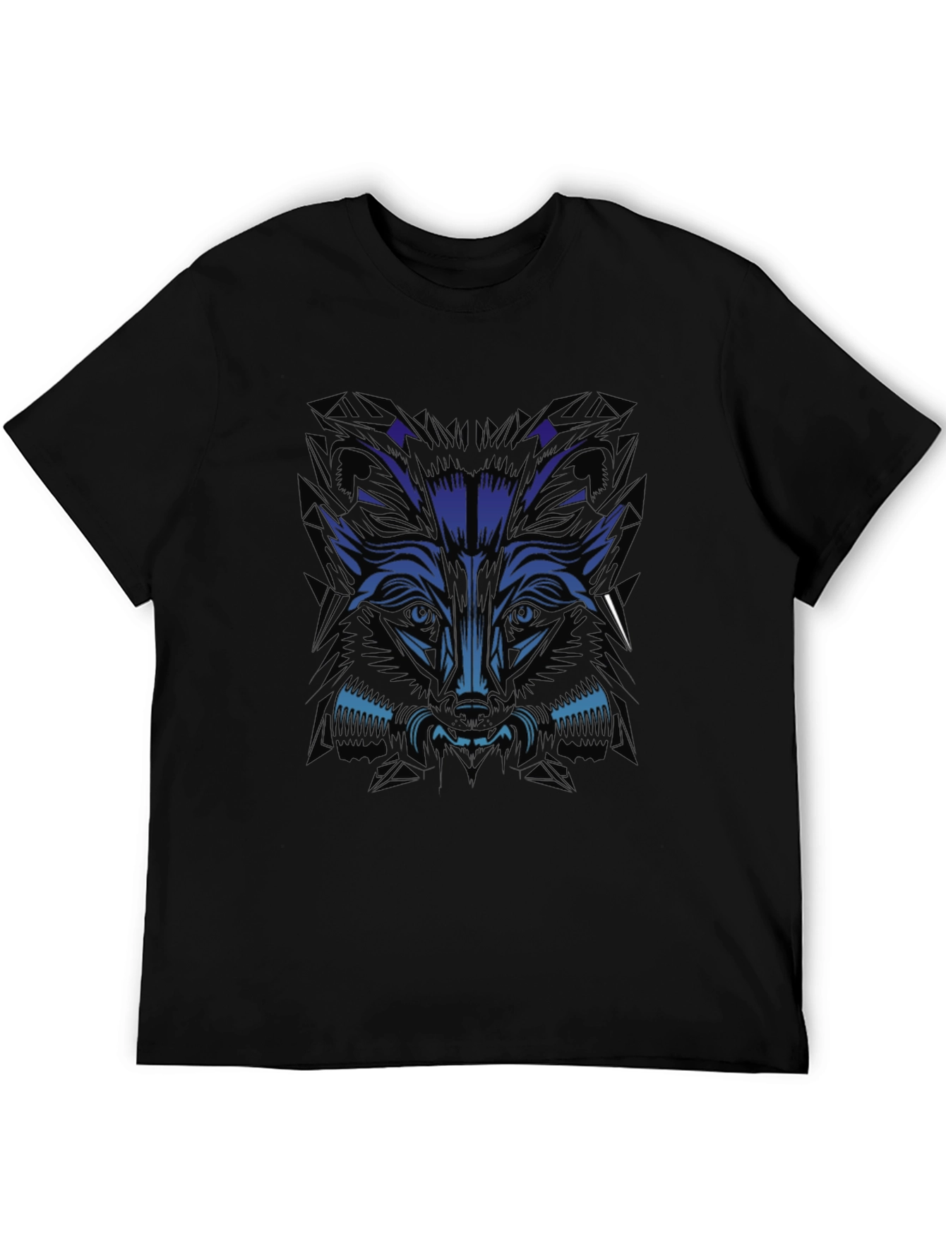 Mens Black T-Shirt with Blue Wolf Graphic
