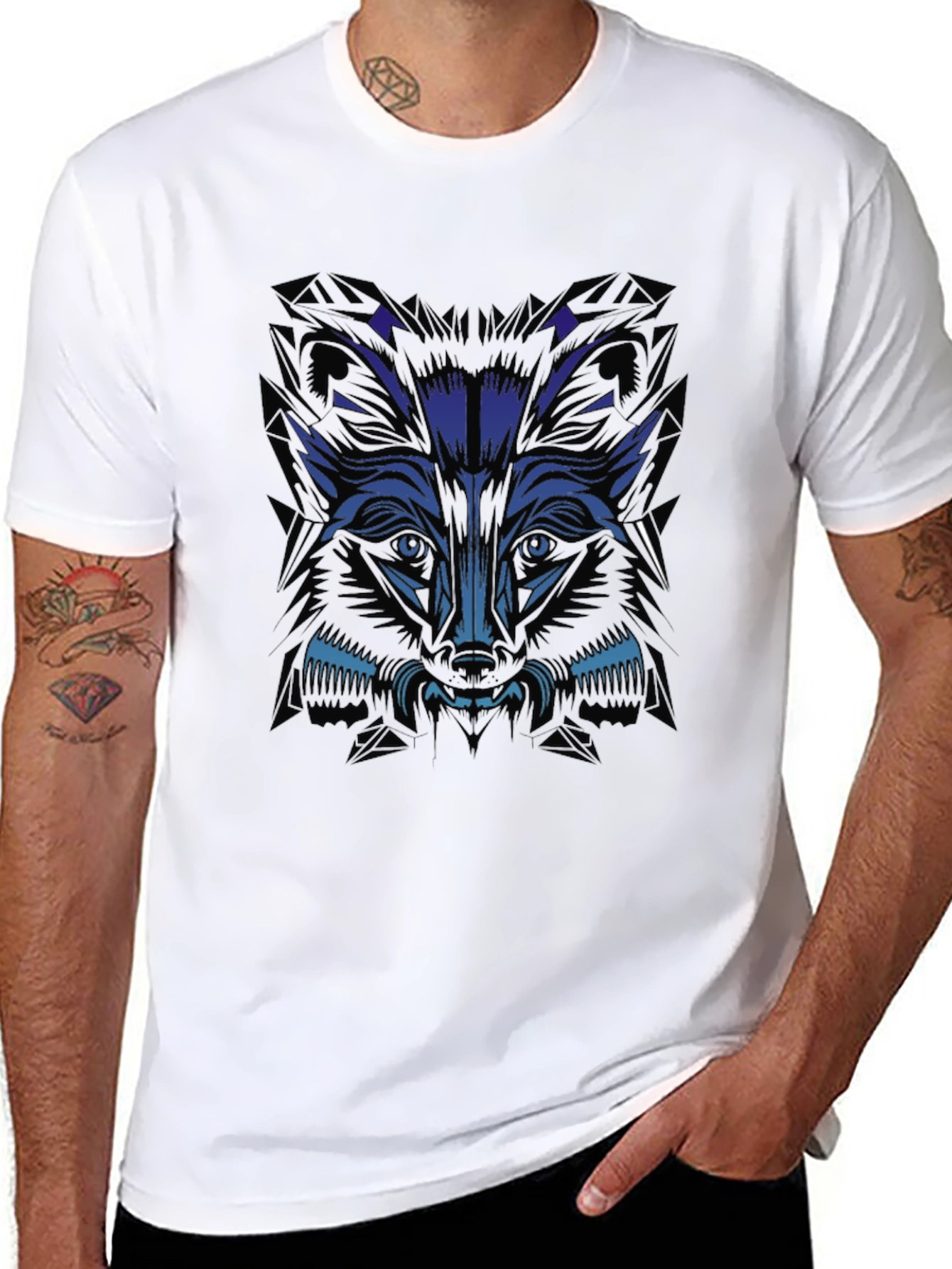 Mens Black T-Shirt with Blue Wolf Graphic