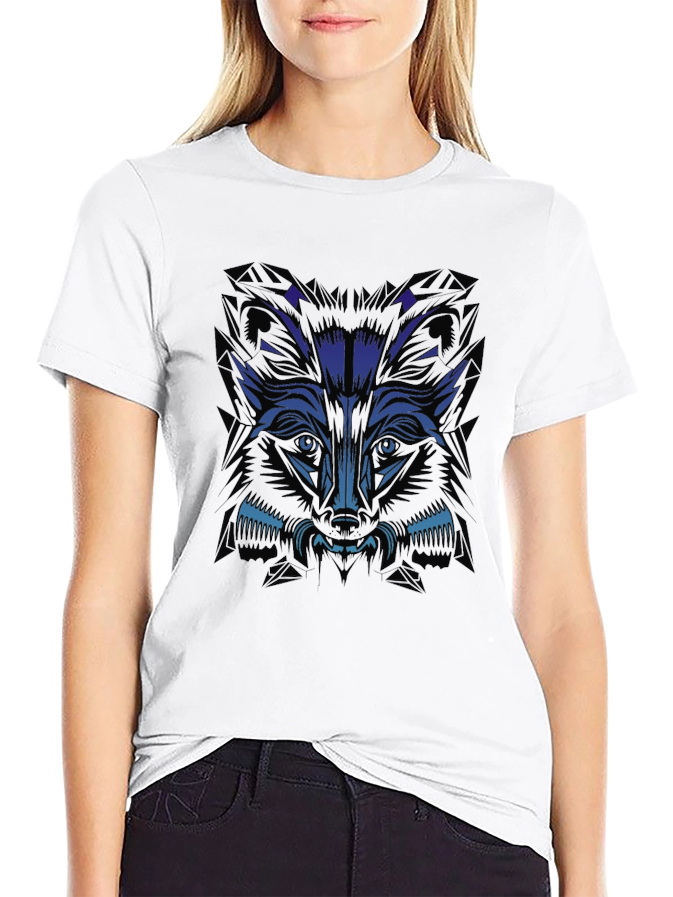Mens Black T-Shirt with Blue Wolf Graphic