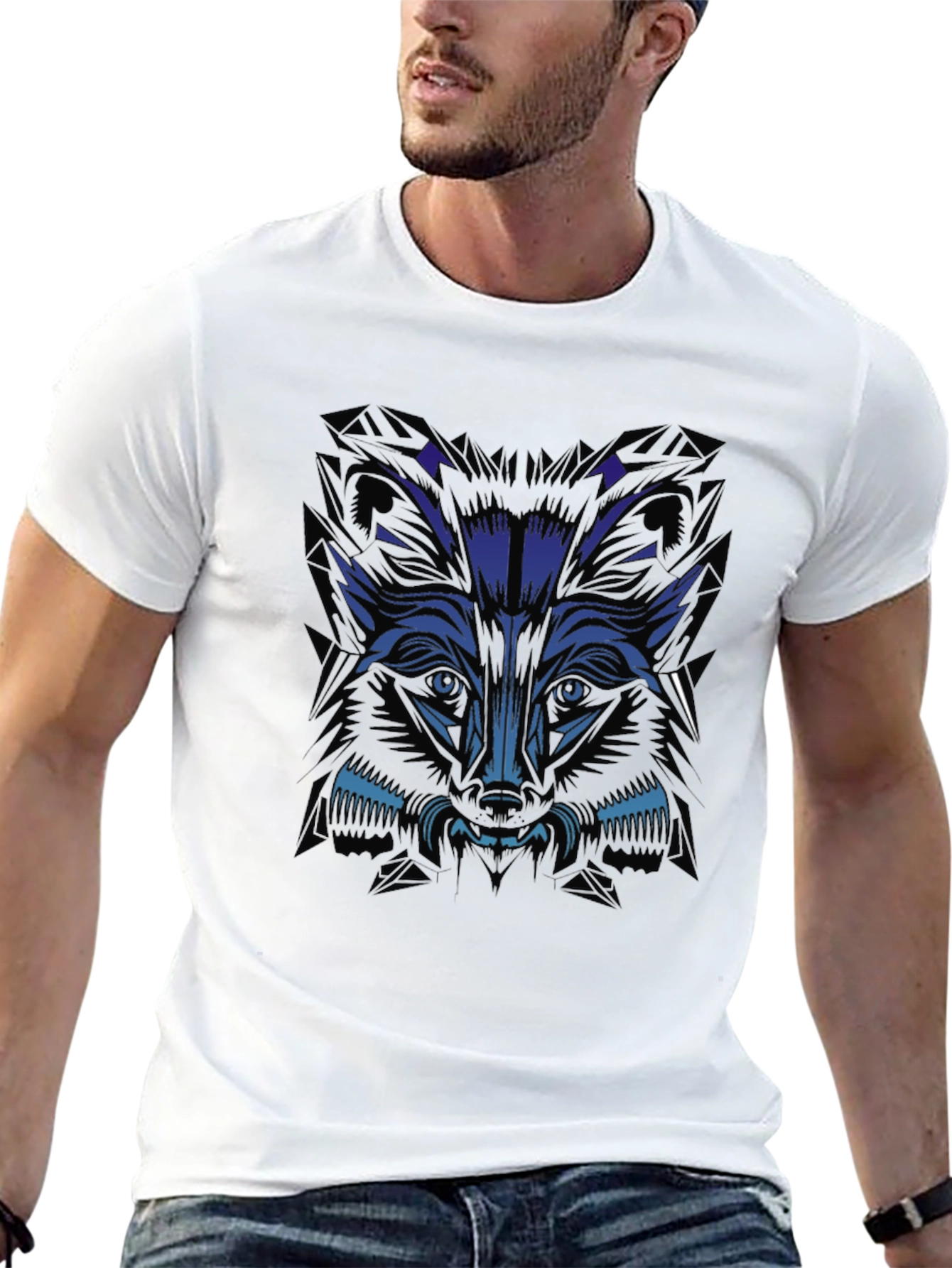 Mens Black T-Shirt with Blue Wolf Graphic