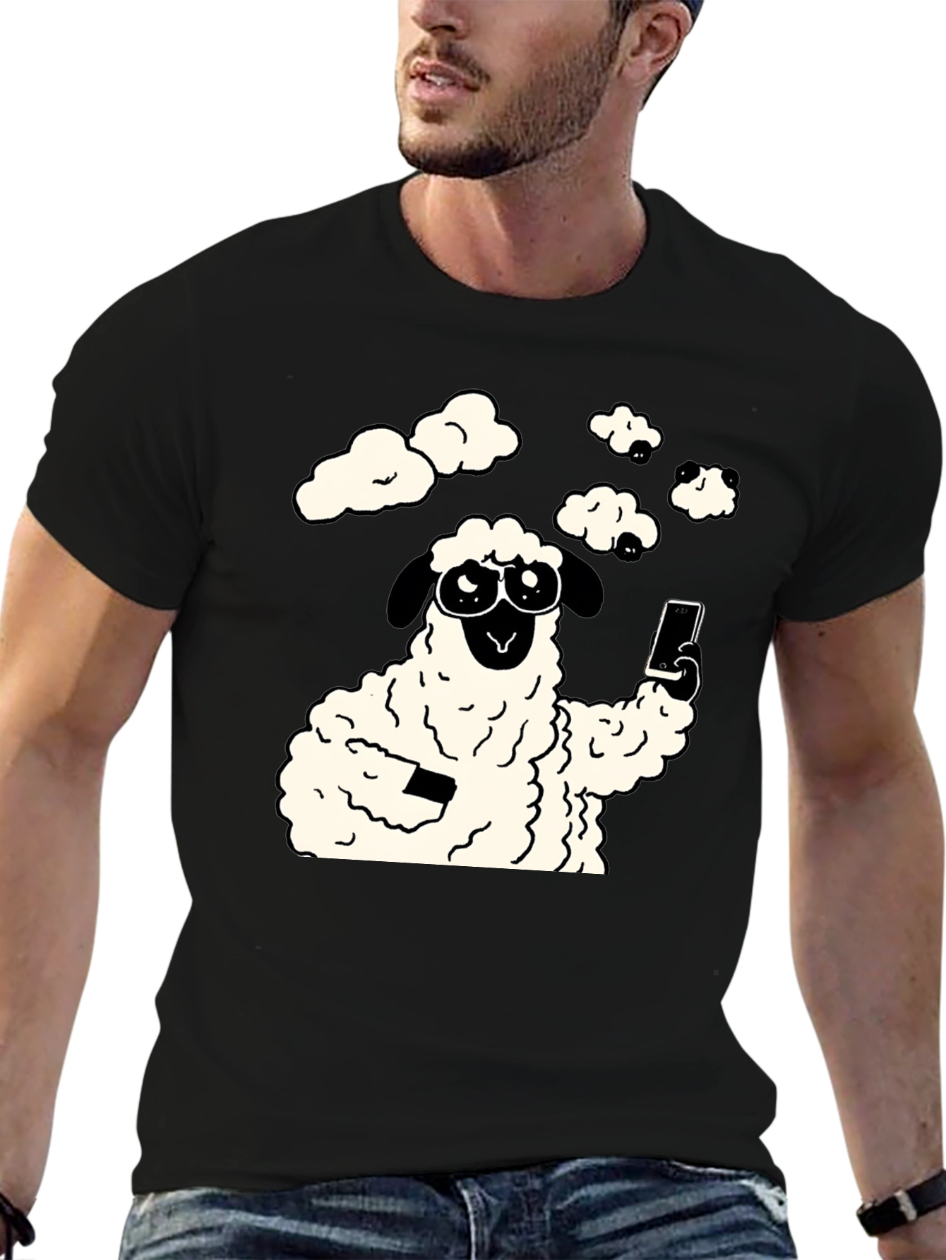 Funny Sheep Selfie Graphic Tee - Black