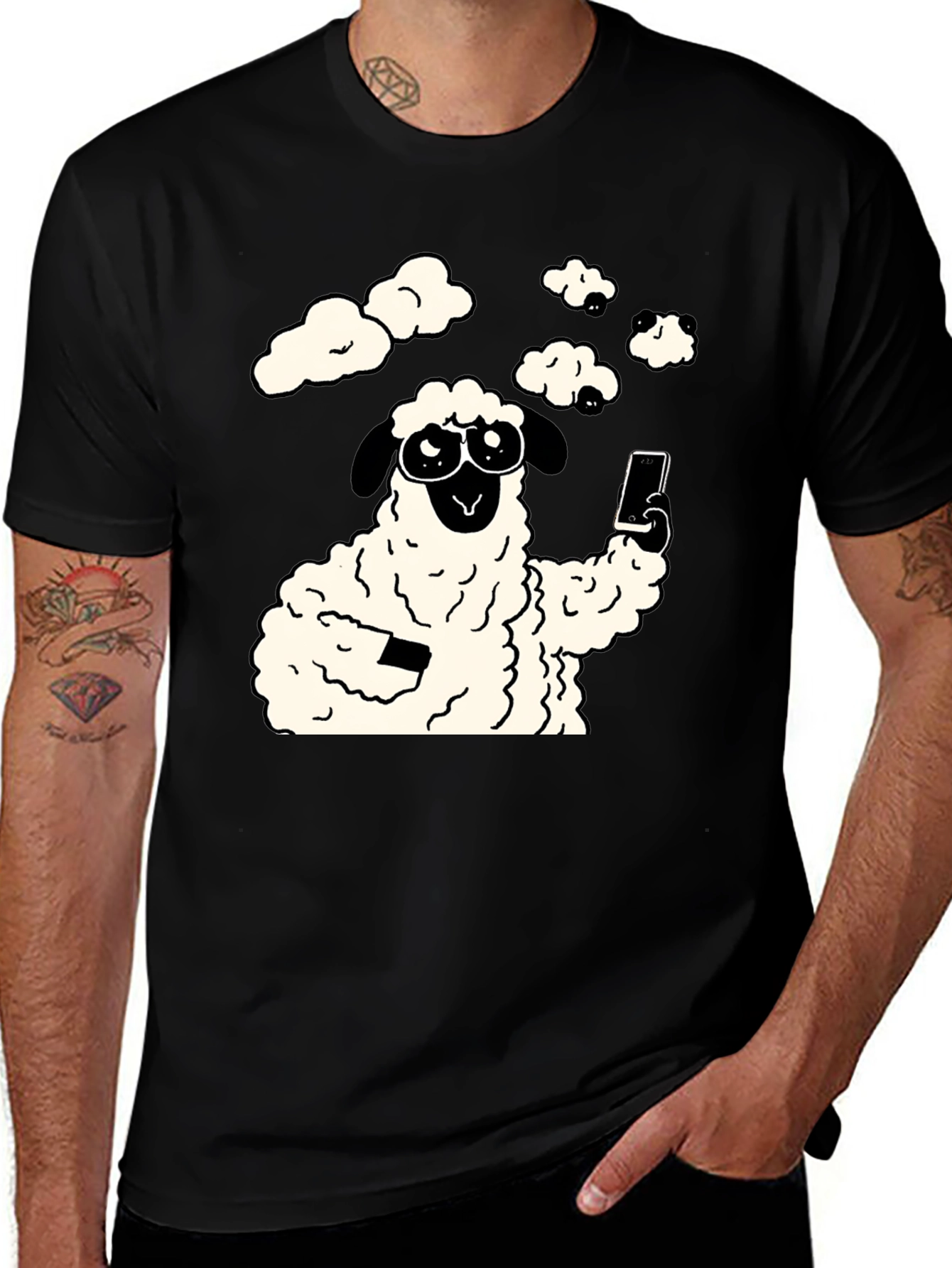 Funny Sheep Selfie Graphic Tee - Black