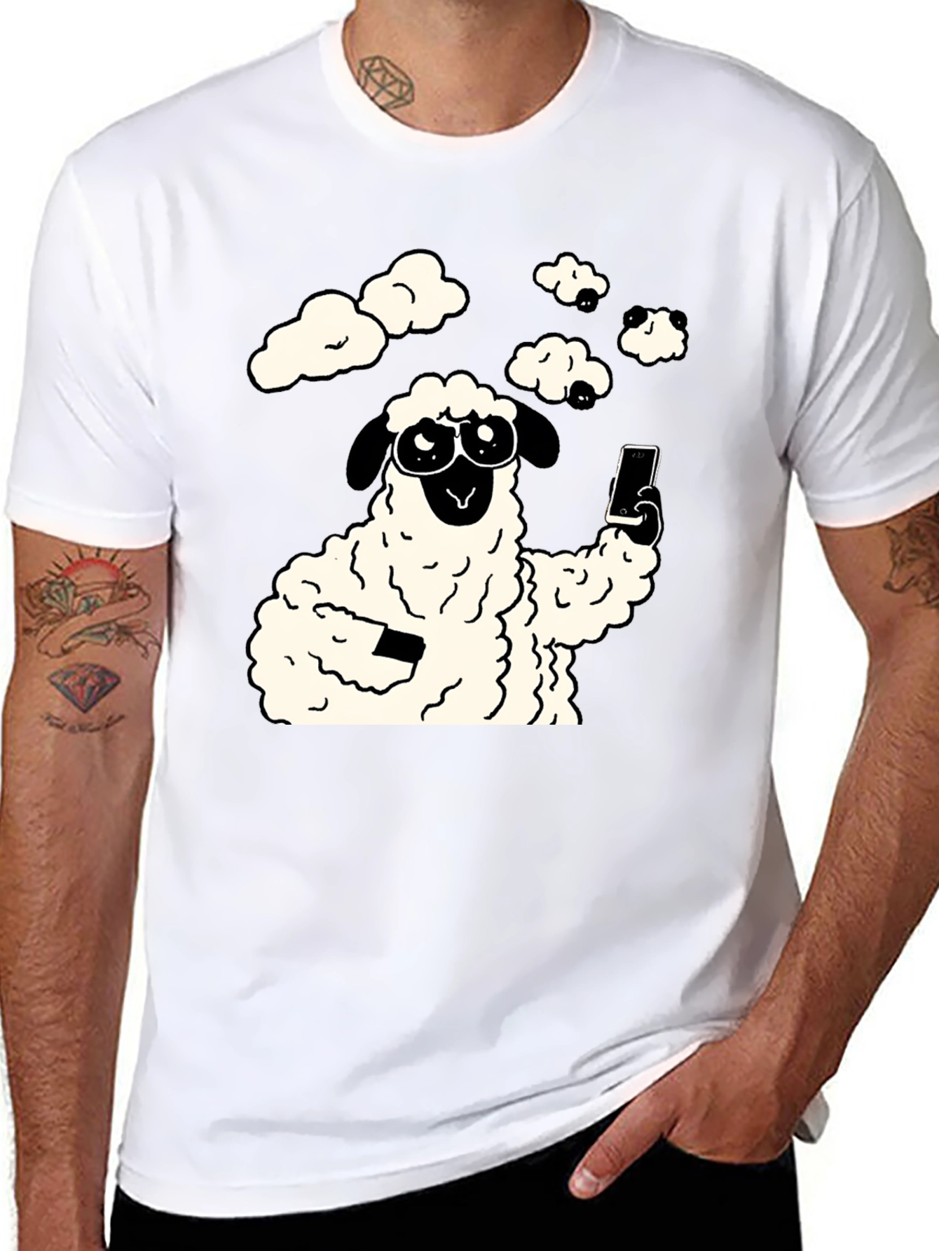 Funny Sheep Selfie Graphic Tee - Black