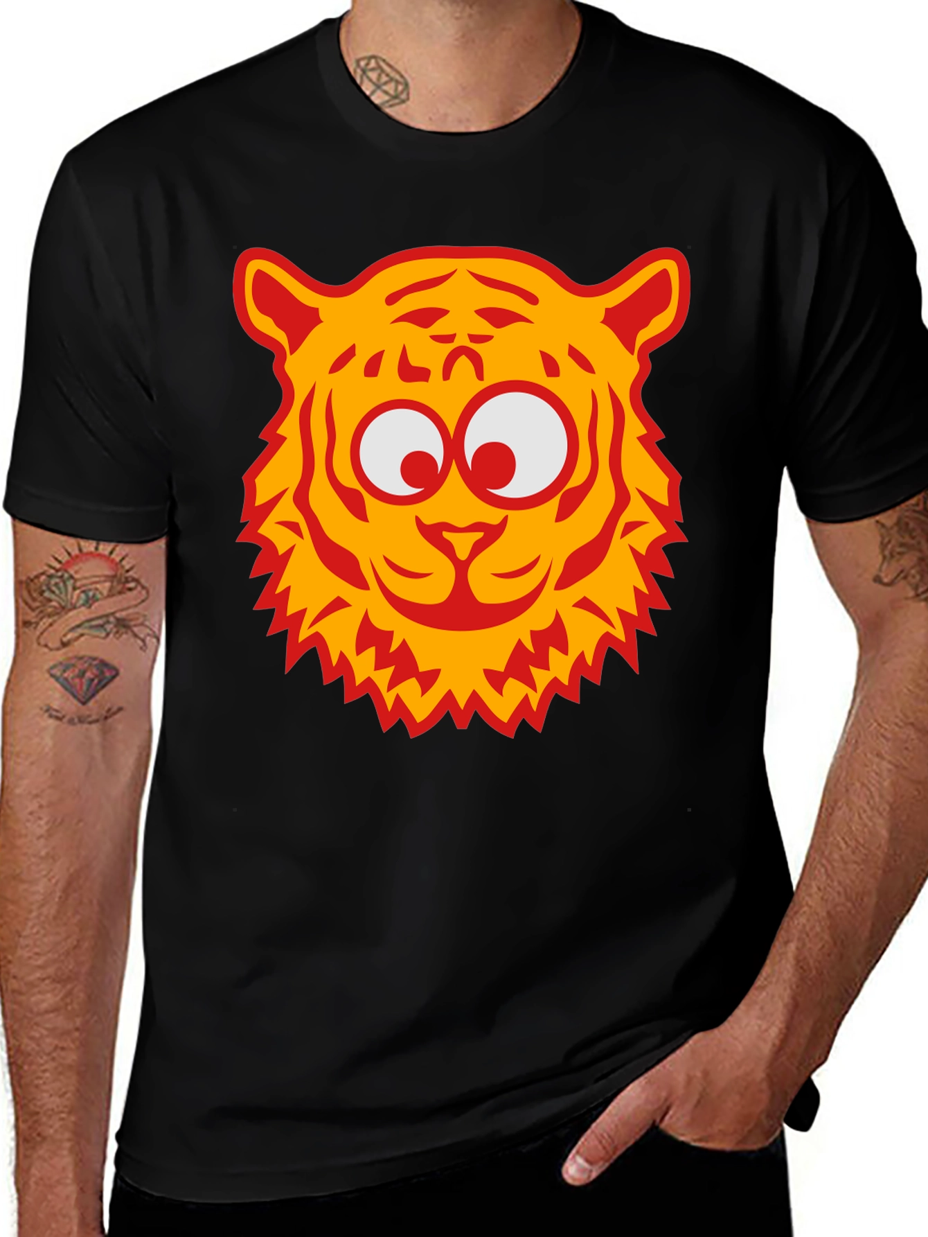 Cartoon Tiger Graphic Tee - Black Cotton T-Shirt