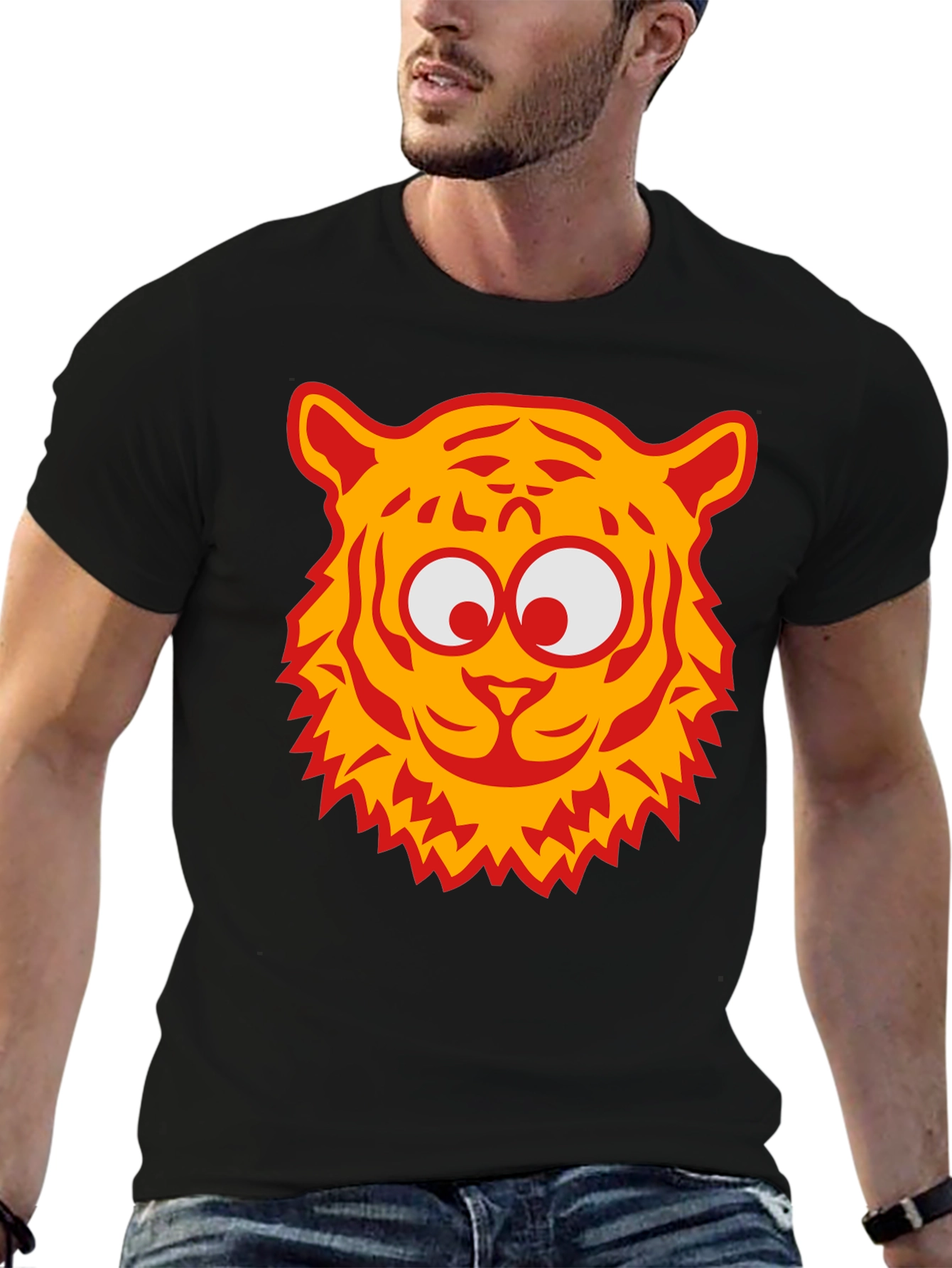 Cartoon Tiger Graphic Tee - Black Cotton T-Shirt