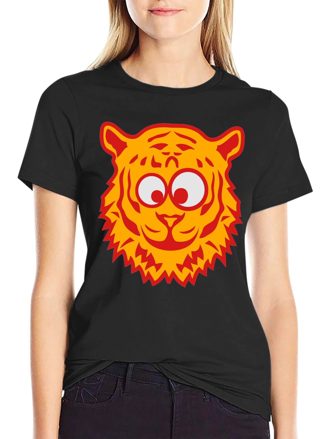 Cartoon Tiger Graphic Tee - Black Cotton T-Shirt
