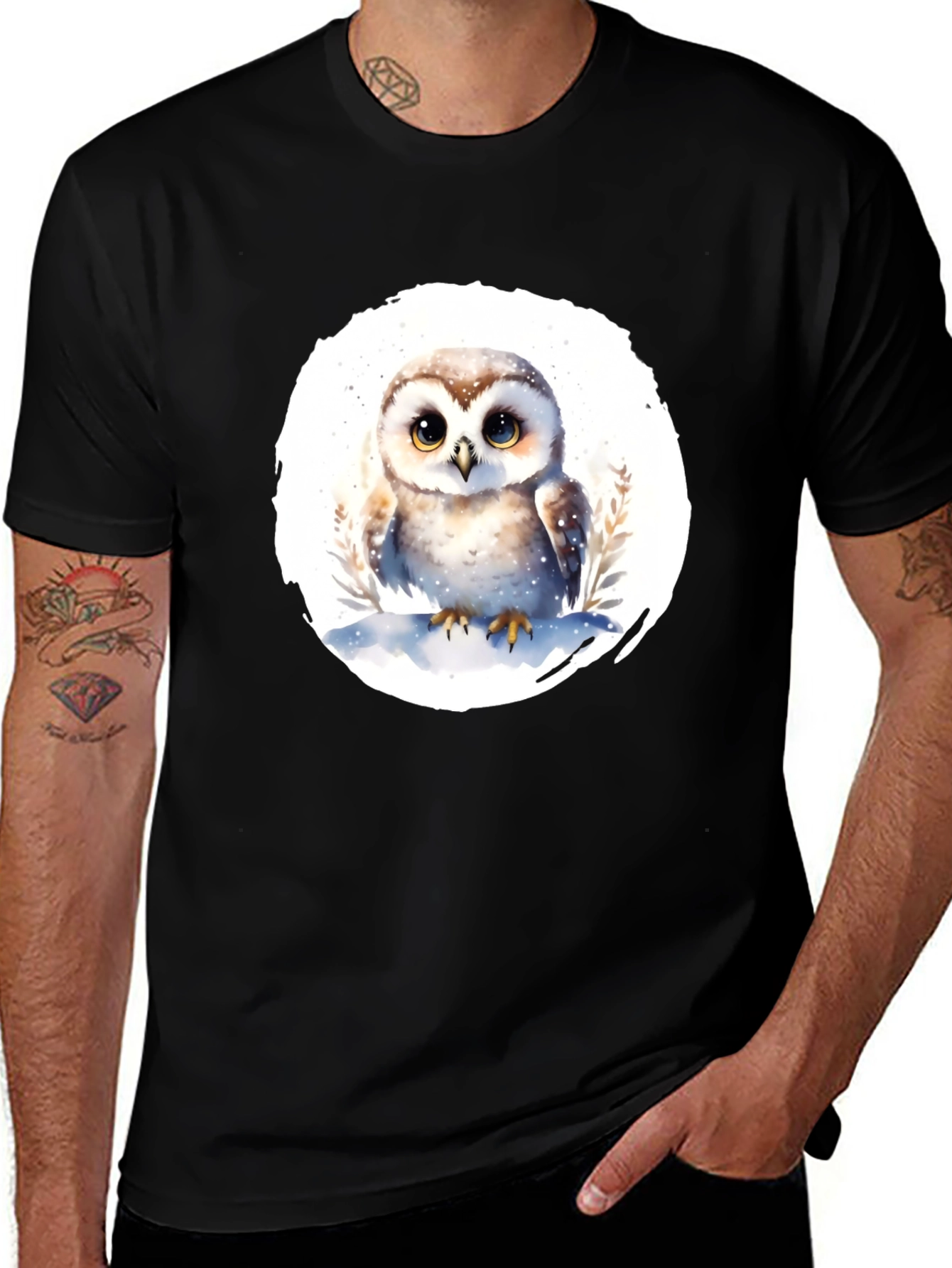 Cute Owl Graphic T-Shirt - Mens Black Tee