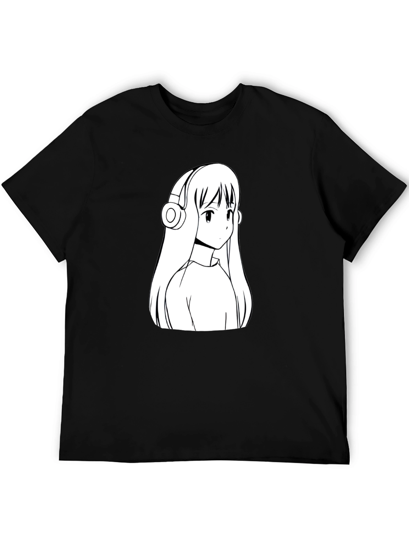 Anime Girl Headphones Graphic Black T-Shirt