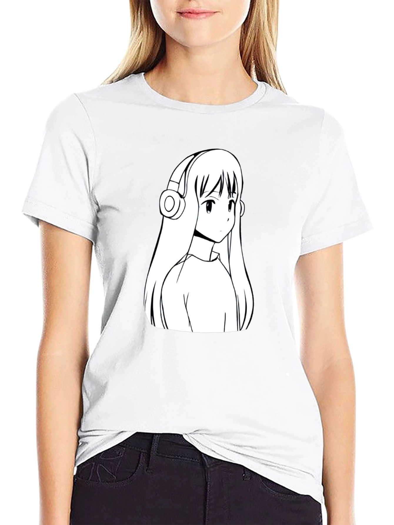 Anime Girl Headphones Graphic Black T-Shirt