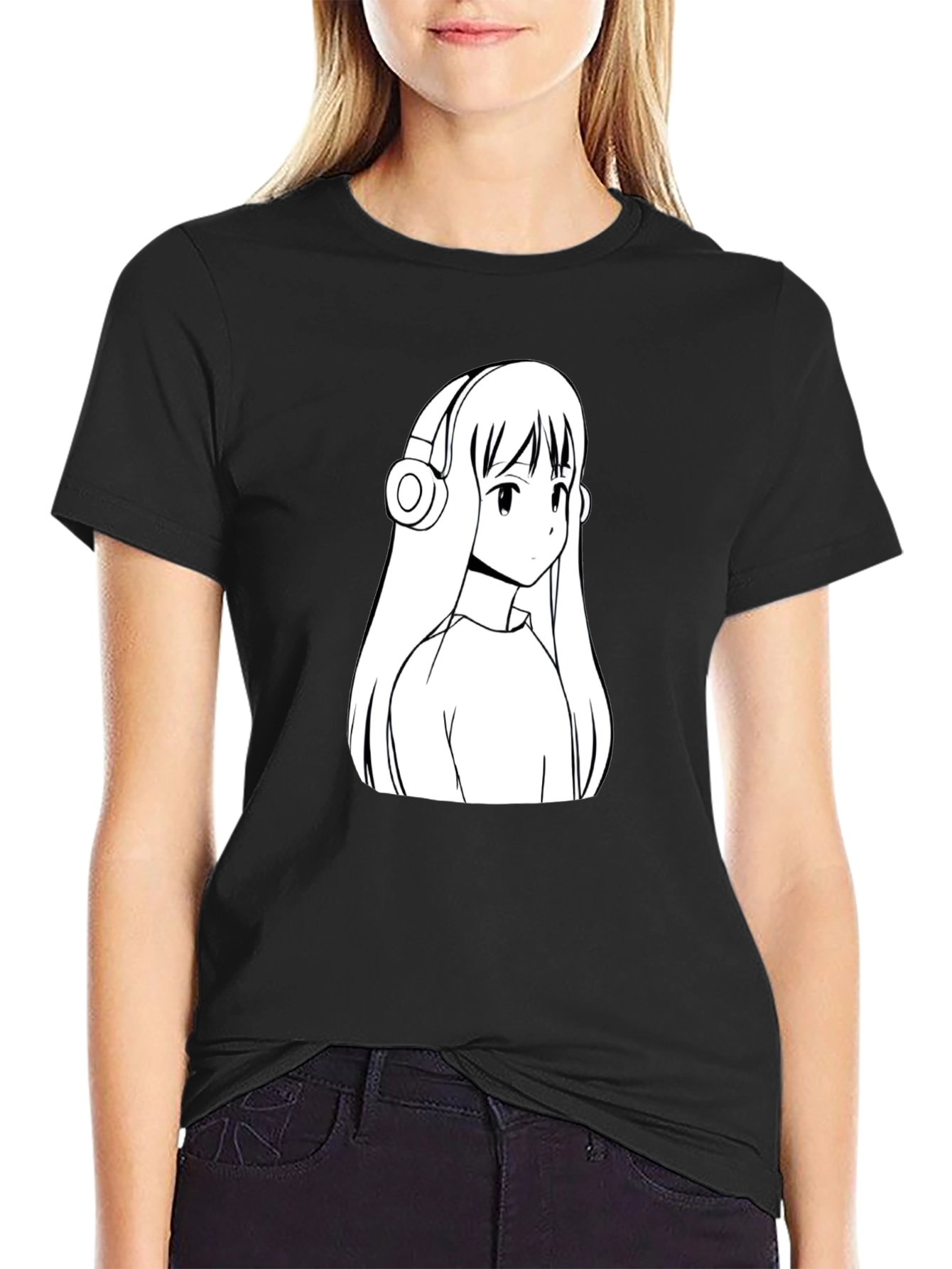 Anime Girl Headphones Graphic Black T-Shirt