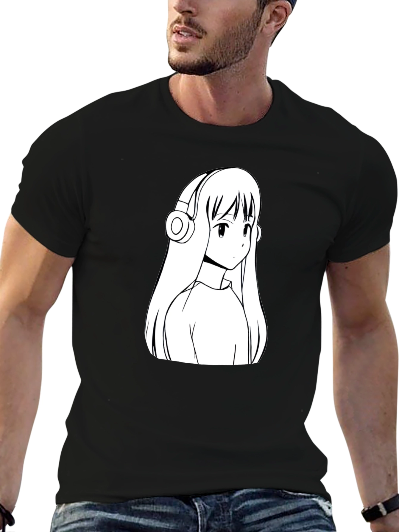 Anime Girl Headphones Graphic Black T-Shirt